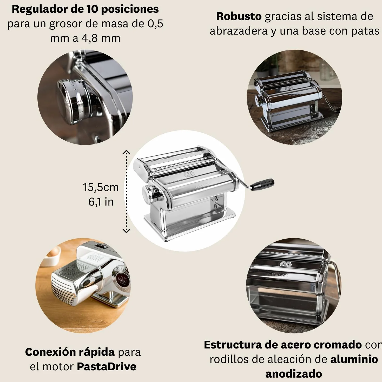 Marcato Atlas 180 Máquina para Pasta Acero Cromado 3 Accesorios