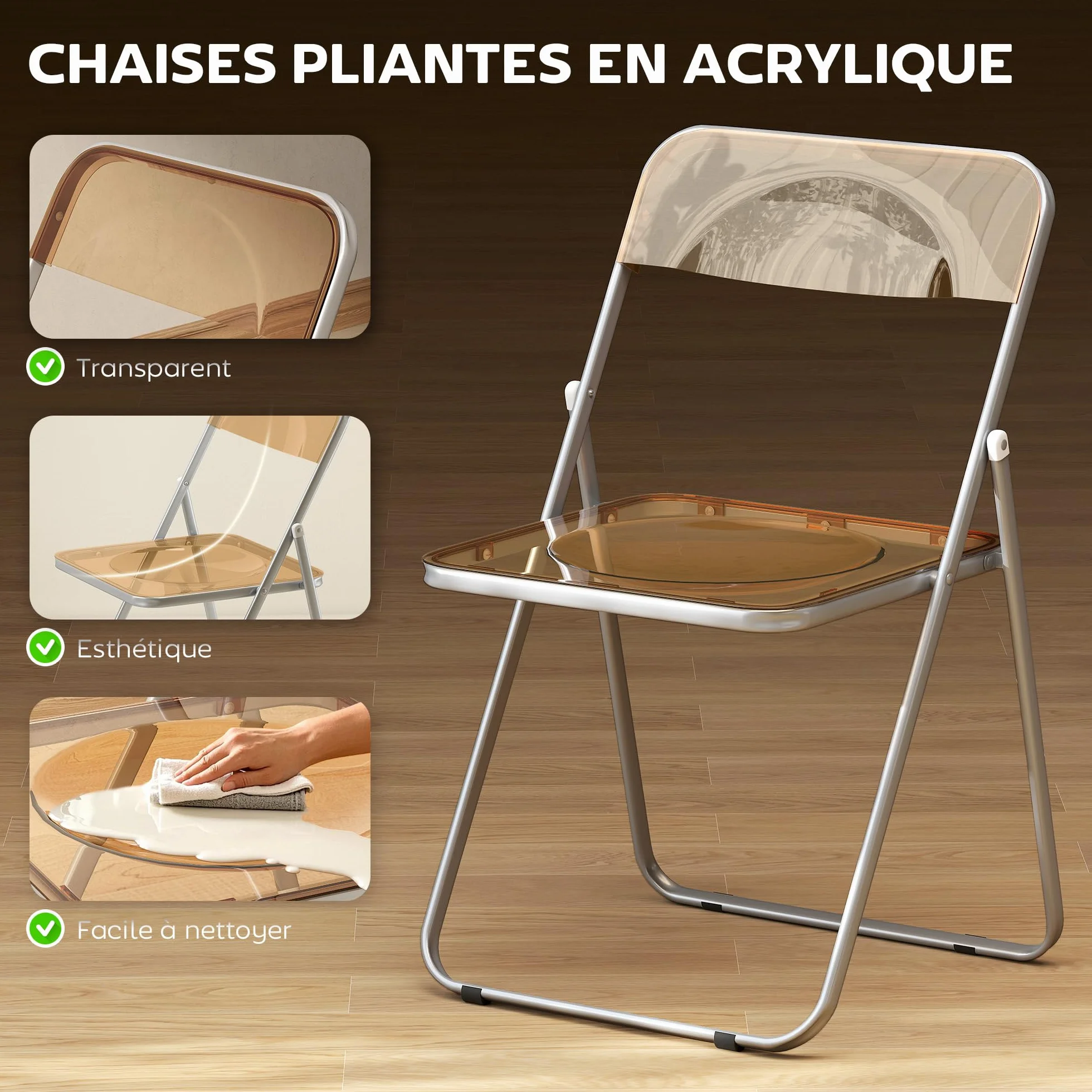 HOMCOM Juego de 4 sillas plegables de acrílico y acero, portátiles, 47 x 48 x 75 cm, naranjas