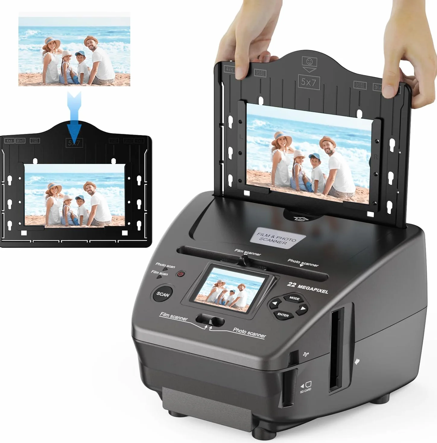 Escáner de fotos de película LCD de 22 MP, 2,4 pulgadas, convertidor digital, convierte negativos de 35 mm/135 mm, diapositivas y tarjetas de visita en JPEG digital, USB, tarjeta SD de 4 GB