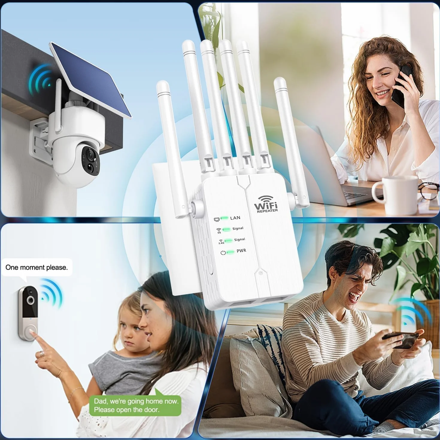 Repetidor WiFi,Amplificador señal WiFi Potente,6 Antenas,2 Puertos LAN,Cobertura Total de 360°,Cobertura de hasta 11800Sq.Ft,repetidor WiFi Largo Alcanc,para oficinas y hogares,Easy Set up