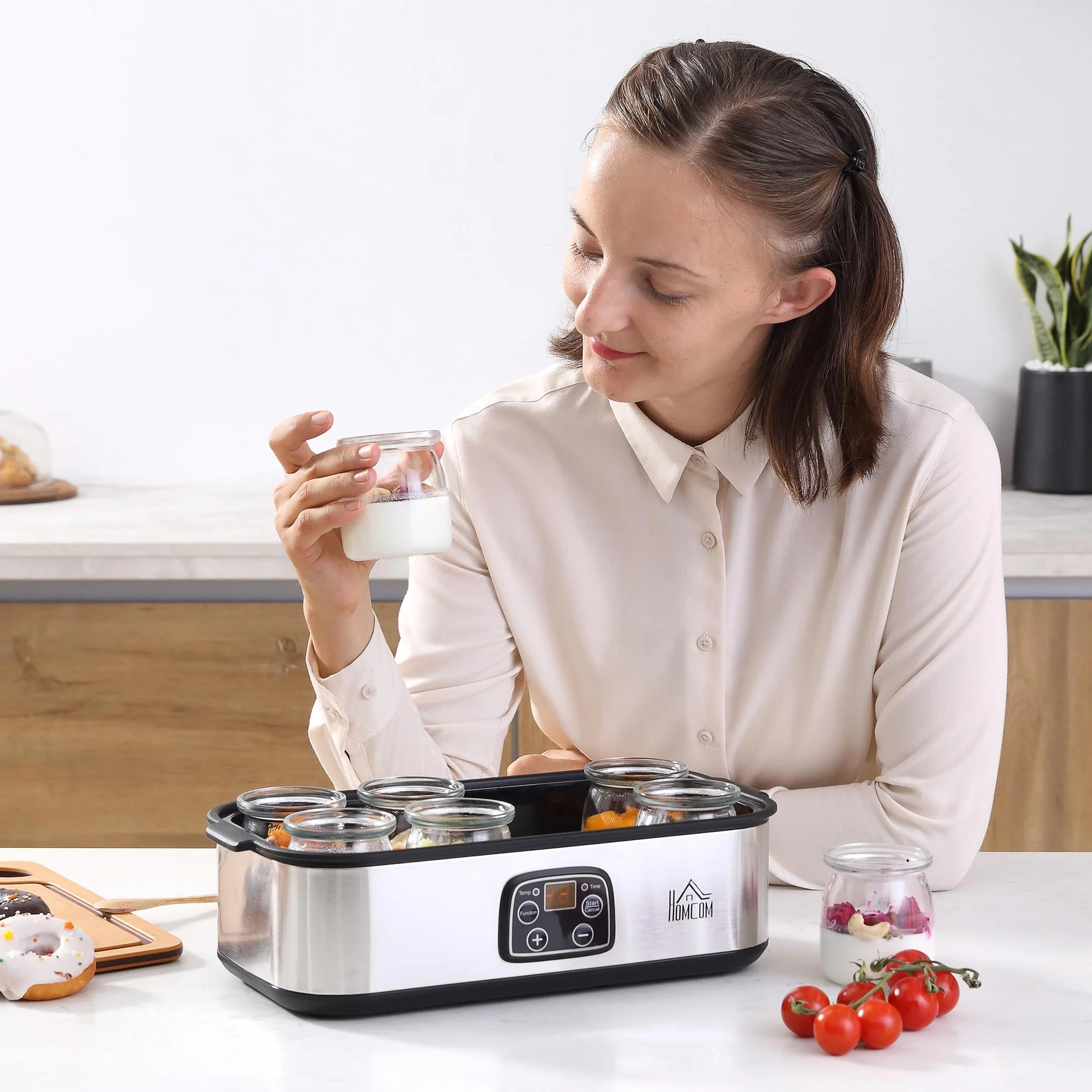 HOMCOM Yogurtera 25W 1,44L 8 Tarros de Cristal 180 ml Termostato Ajustable Temporizador 1-48 Horas Apagado Automático 36x18,8x14 cm Plata