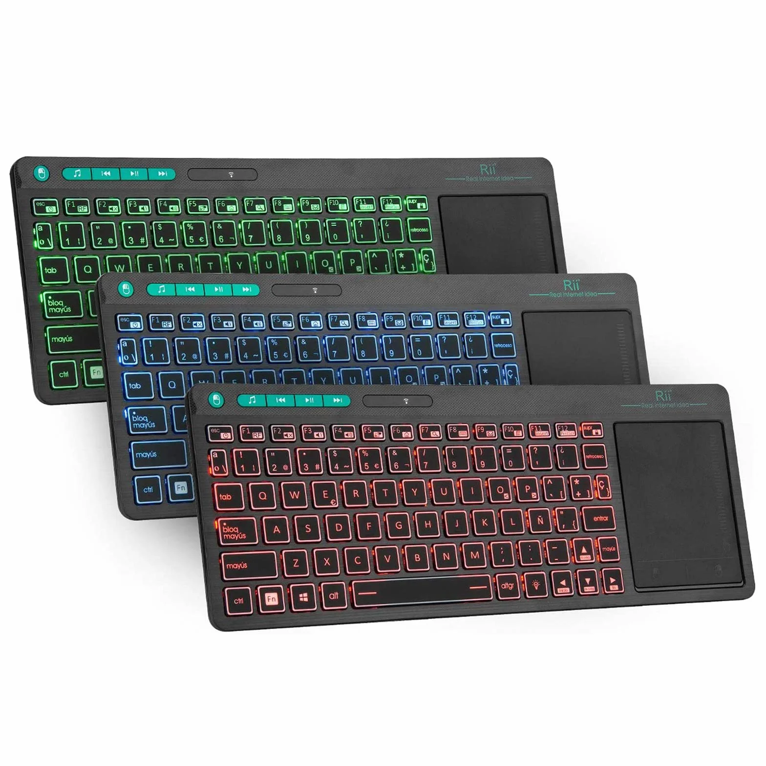 Rii K18 Plus - Teclado inalámbrico Recargable con iluminación Tricolor, diseño Ultra Delgado, para computadoras de Escritorio y televisores Inteligentes - ES Layout