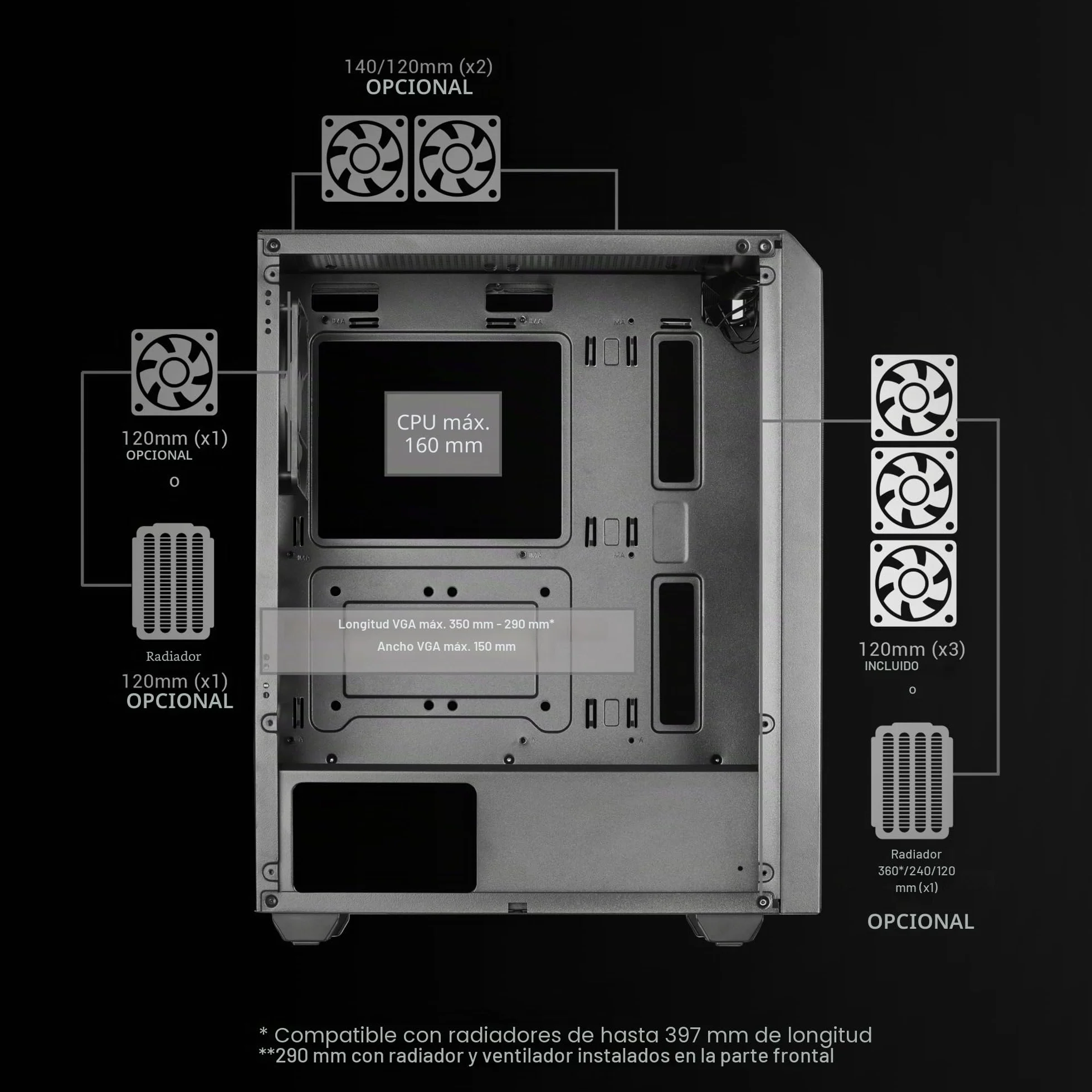 Mars Gaming MC-mag, Caja Gaming ATX, Ventana Lateral Completa Cristal Templado, Doble Rejilla Magnética Antipolvo Frontal + Superior, 3X Ventiladores FRGB 120mm, Refrigeración Líquida 360mm, Negro