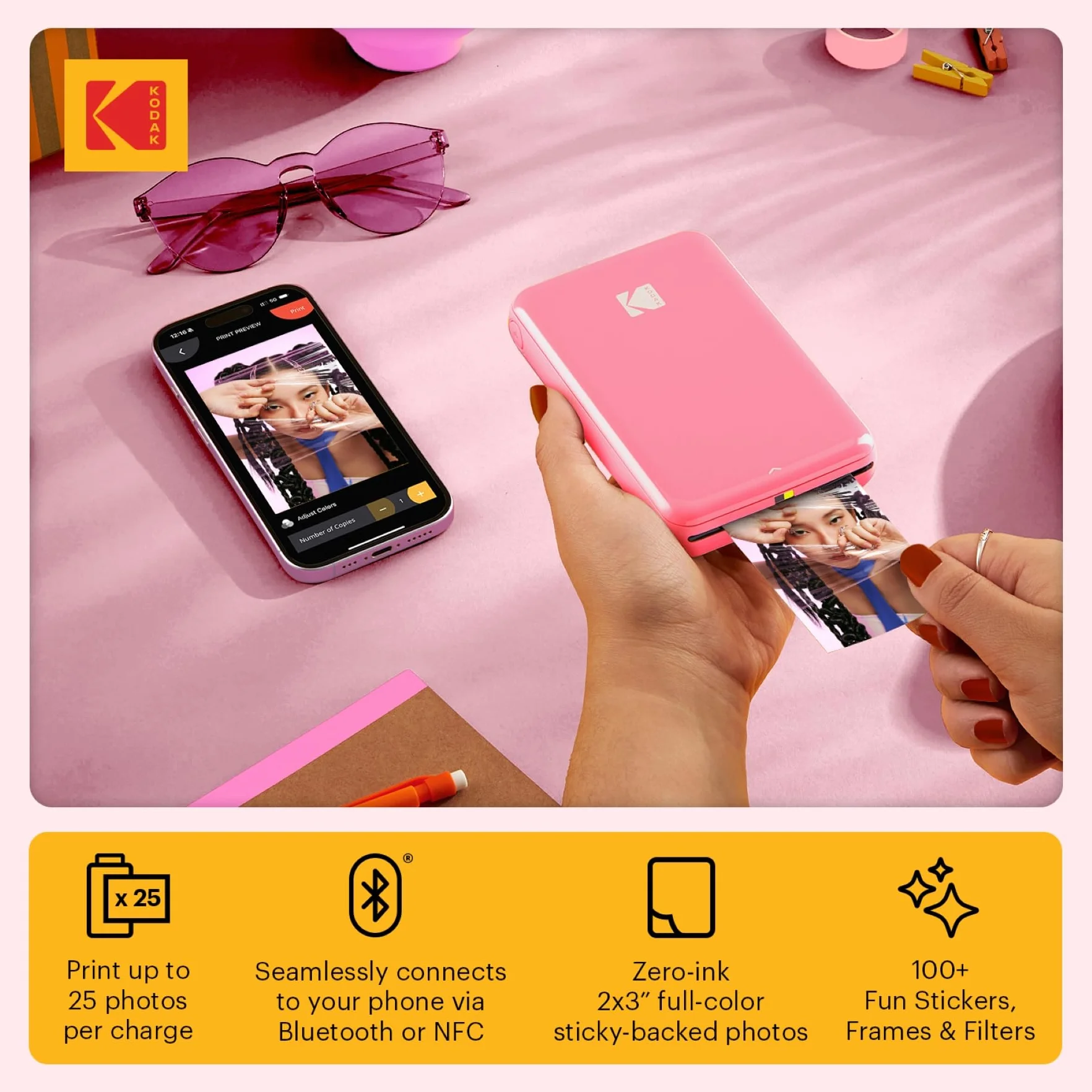 KODAK Step Impresora de fotos instantánea para smartphone - Mini portátil inalámbrica en color - Fotos adhesivas Zink 2x3” - Bluetooth compatible con iOS y Android - App de edición divertida - Rosa