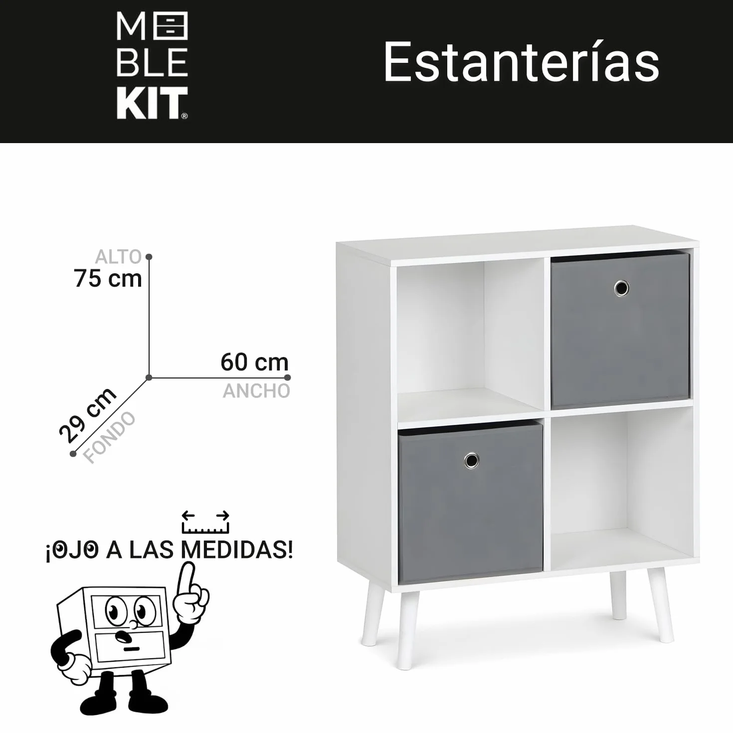 Estantería Cubo de Madera 4 Compartimentos 60x29x75 cm Blanca y Gris con Cajones Extraíbles