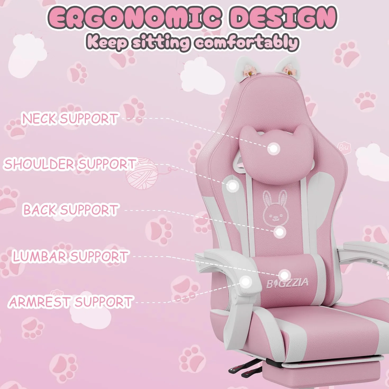 bigzzia Silla Gaming Ergonómica con Orejas de Gato Ajustable Altura Reposacabezas Soporte Lumbar Masaje Blanco Rosado