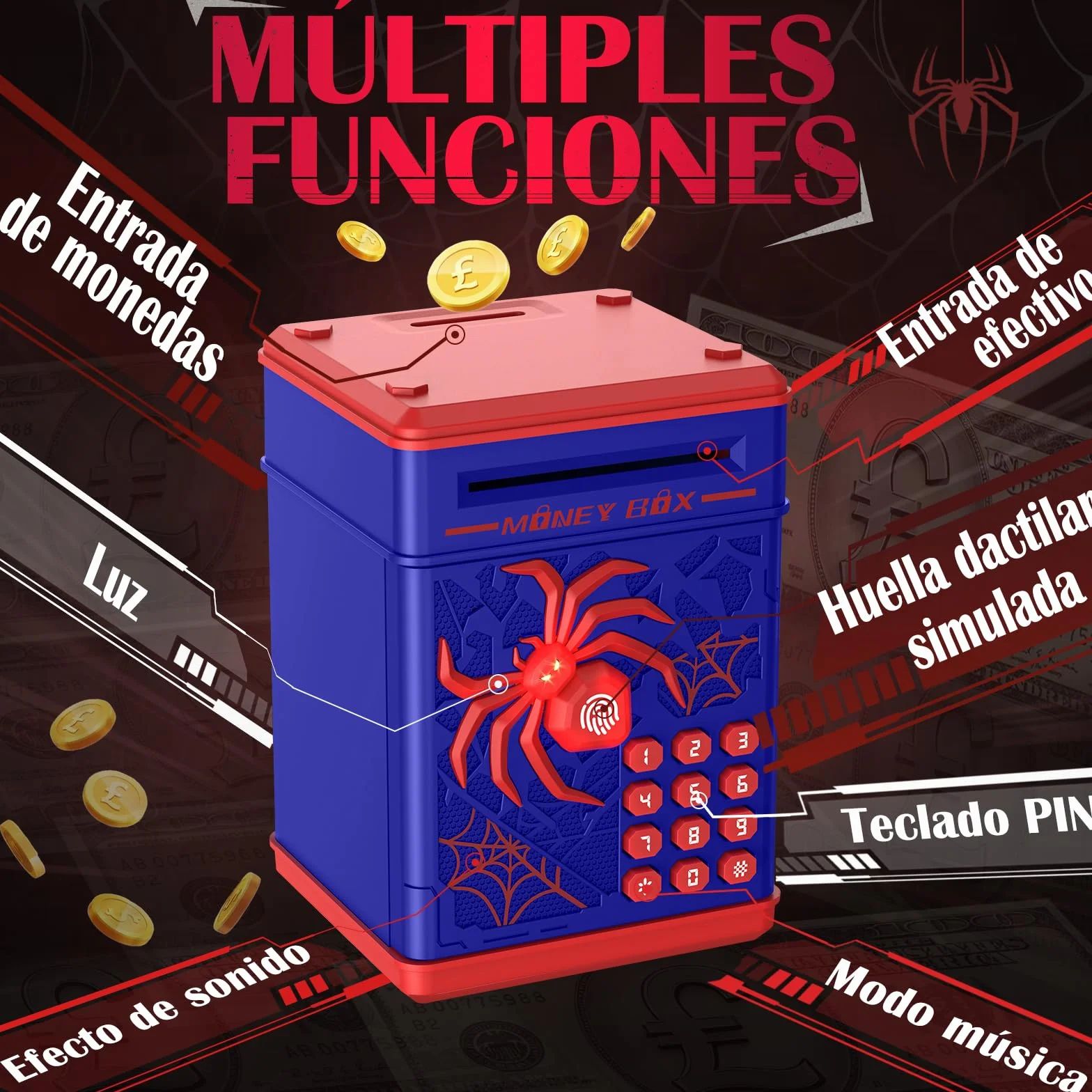 Yellcetoy Hucha Electrónica para Niños, Spider Caja Fuerte con Código de Seguridad y Música, Regalos 3-7+ Años Azul