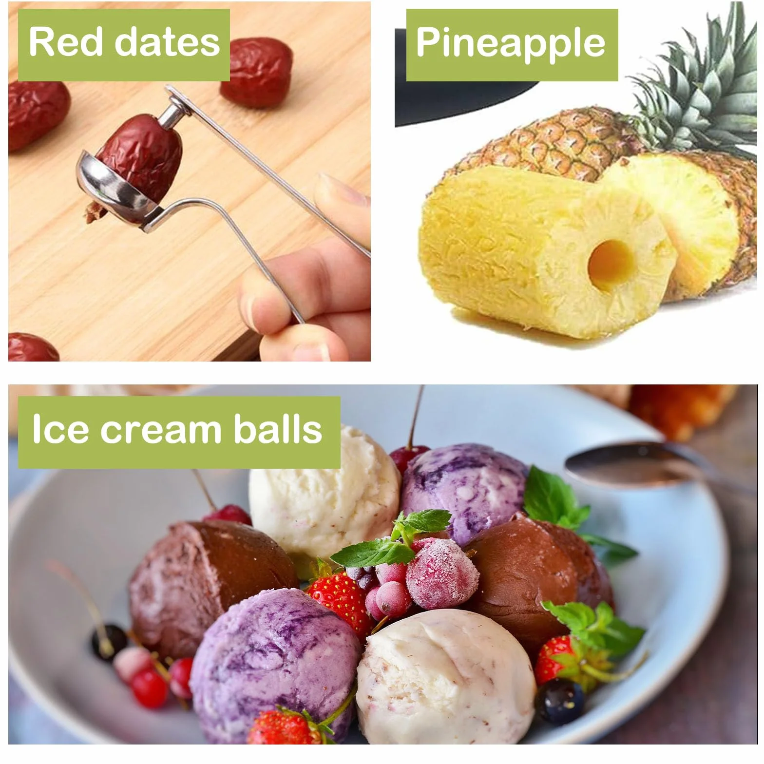Descorazonador de Fruta, Juego de 3 Piezas de Acero Inoxidable, Removedor de Manzanas y Cerezas