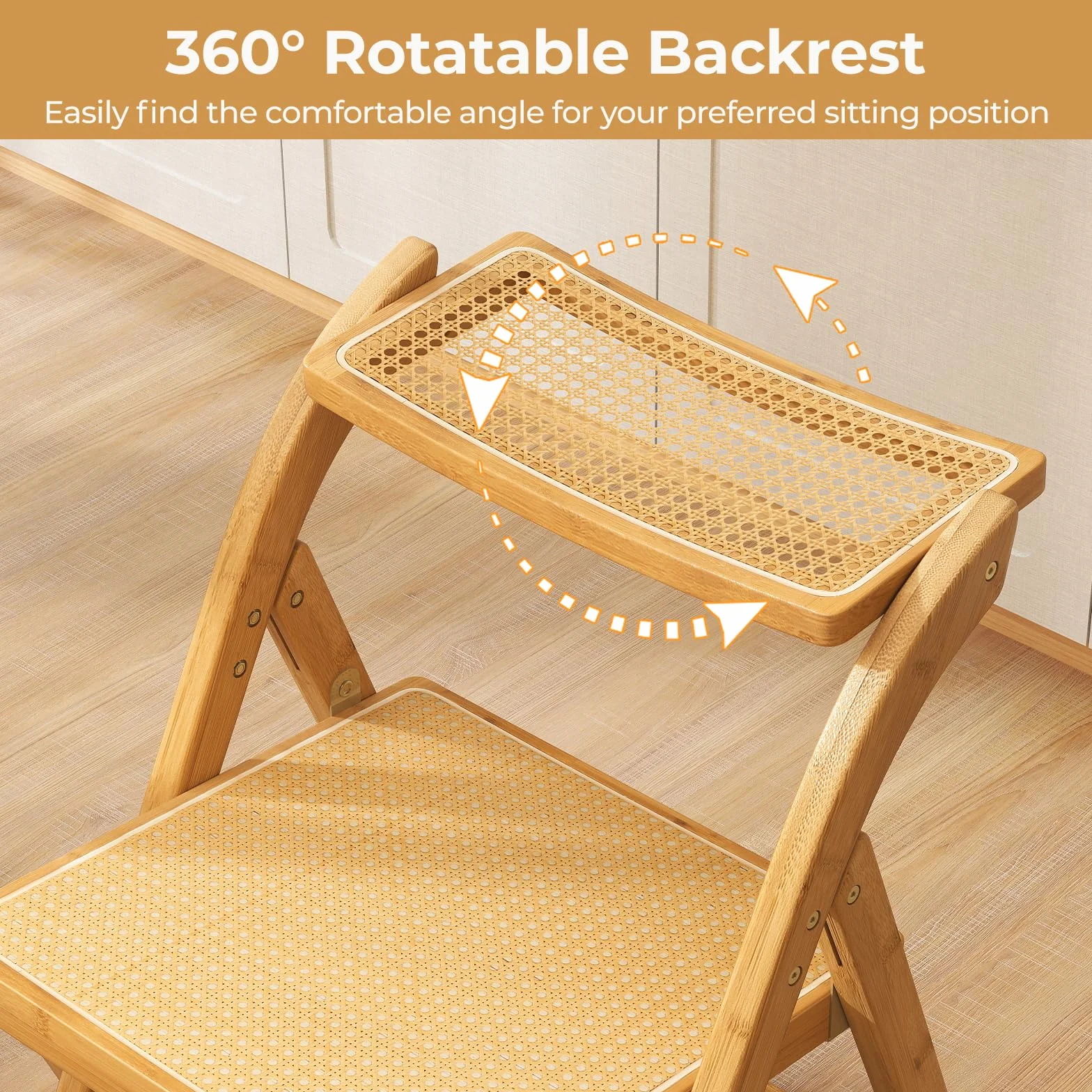 HOMASIS Juego de 2 sillas plegables de comedor ratán bambú respaldo giratorio 360° capacidad 150 kg