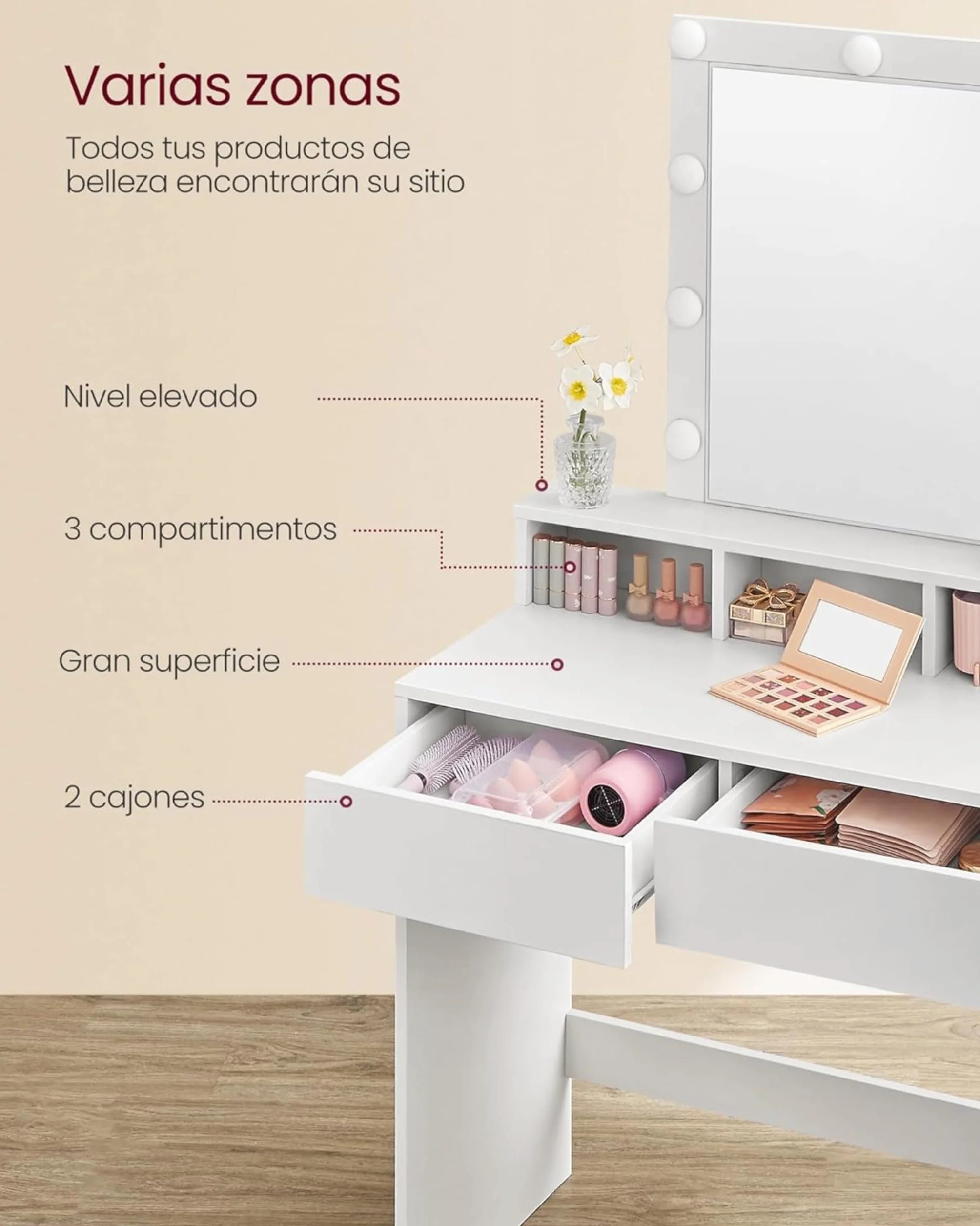 VASAGLE Kailyn Colección Tocador LED Iluminación Regulable 3 Colores Mesa Maquillaje Espejo 2 Cajones 3 Compartimentos Blanco