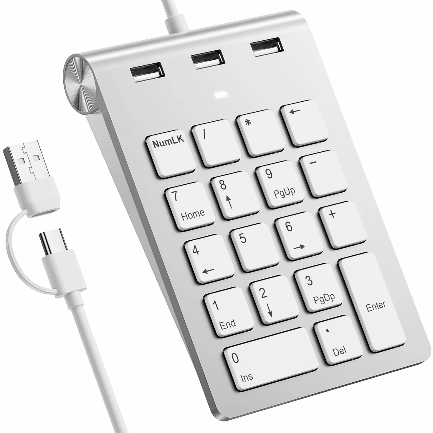 Teclado Numérico Cableado USB-C&USB-A Teclado Numérico 18 Teclas con 3 Puertos USB 2.0, Teclado Numerico para Laptop/Escritorio/Surface/iPad, TecladoNumérico USB para Windows/macOS/Chrome OS
