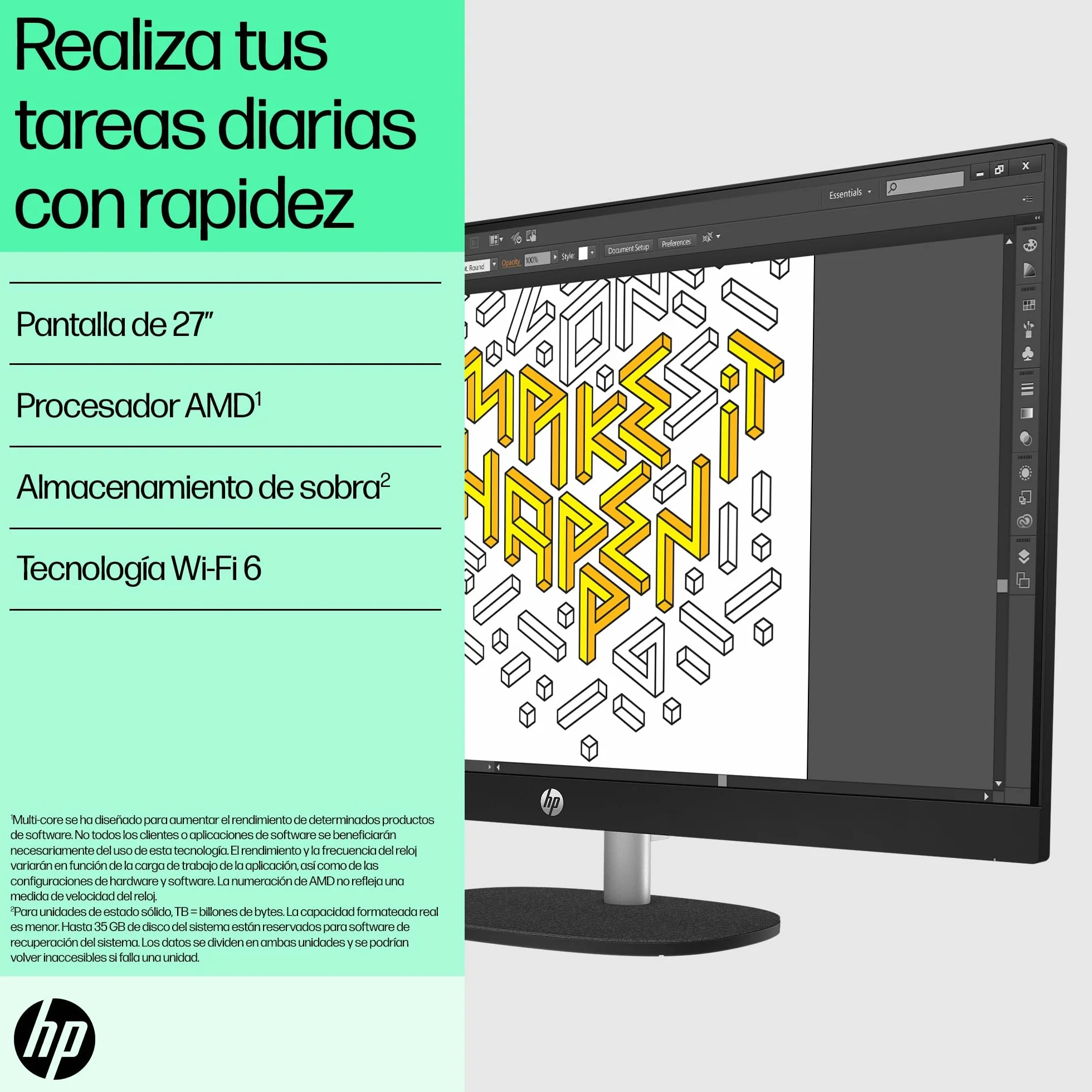 HP All-in-One 27-cr0062ns, PC Todo en Uno 27” FHD, AMD Ryzen 7 7730U, 16GB RAM, 512GB SSD, AMD Radeon Graphics, Cámara HD, Wi-Fi, Teclado y Ratón Inalámbricos, Sin Sistema operativo, QWERTY Español