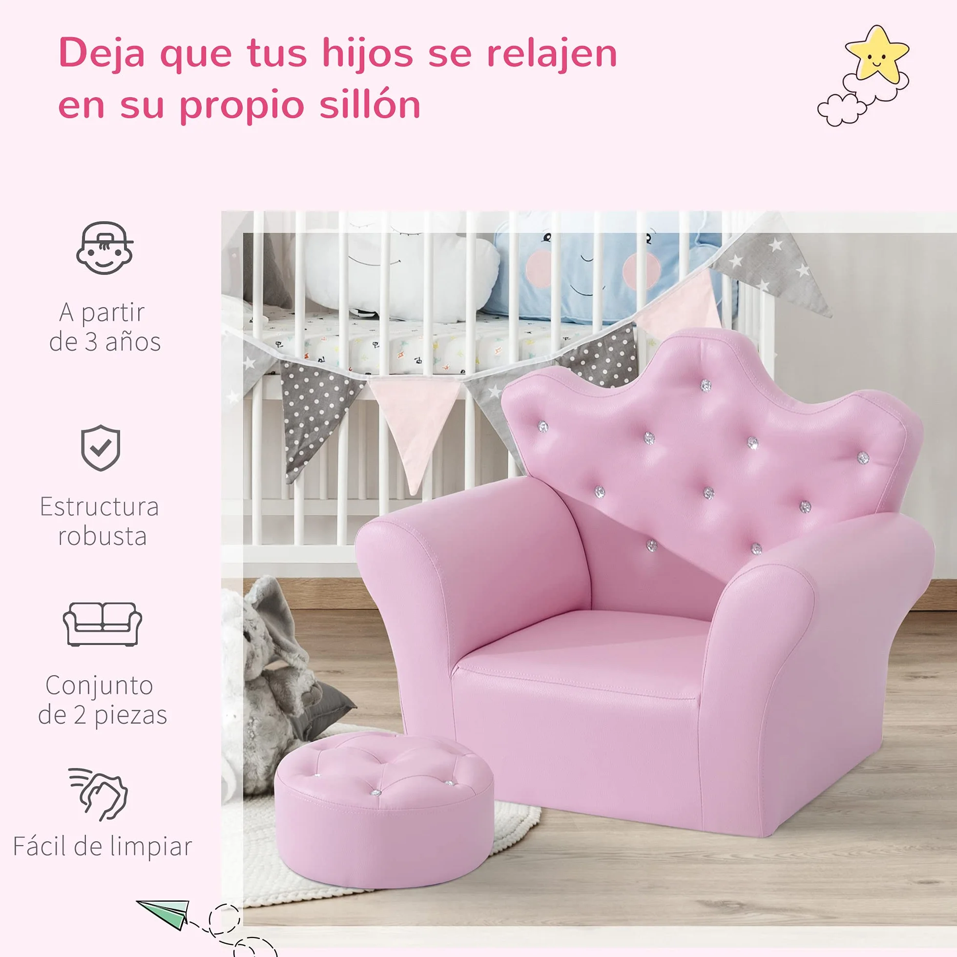 HOMCOM Sofá Infantil con Reposapiés, Sillón Decorativo Respaldo Corona, 58x40.5x49 cm Rosa