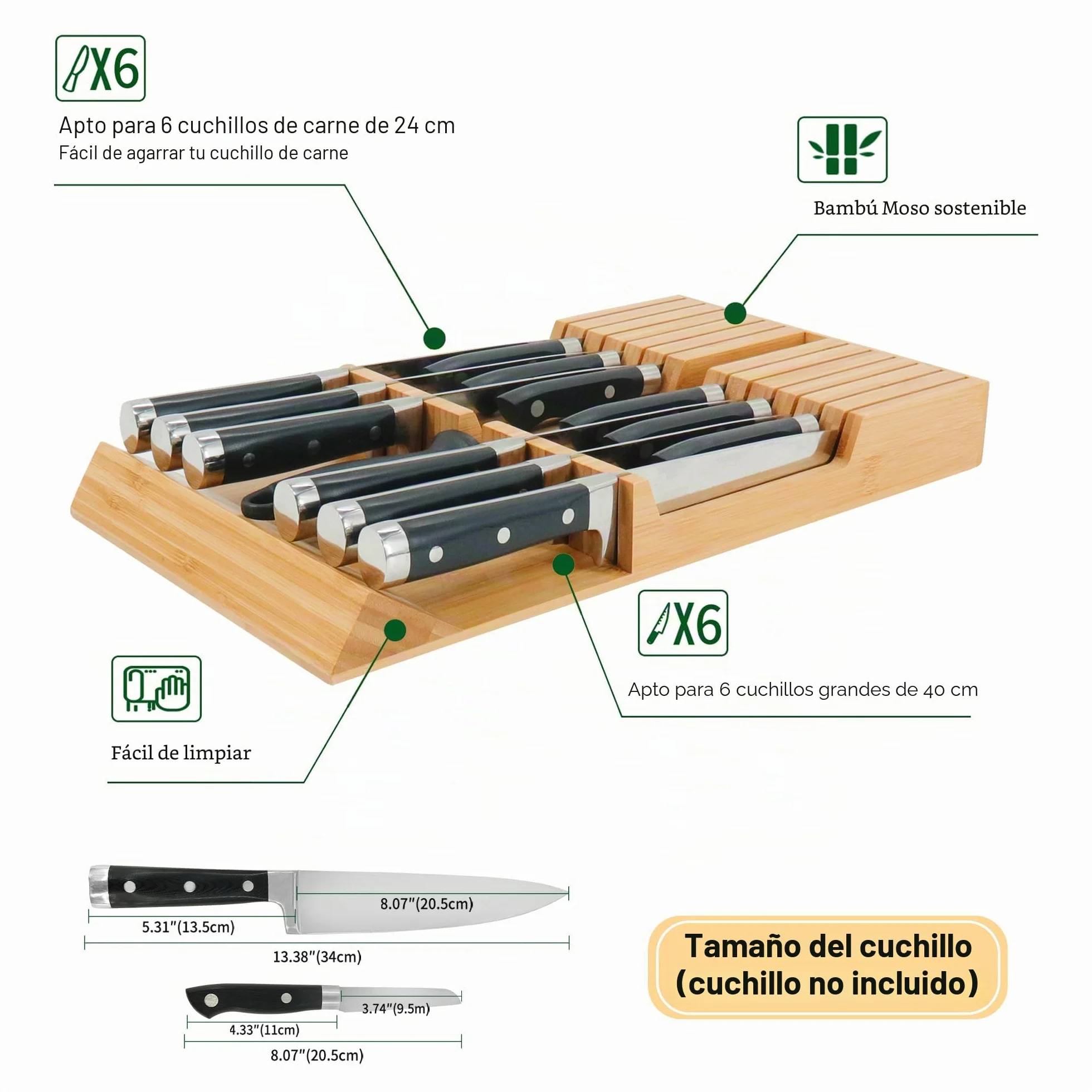 Utoplike Bloque de cuchillos de bambú para cocina, soporte para 12 cuchillos y 1 acero para afilar
