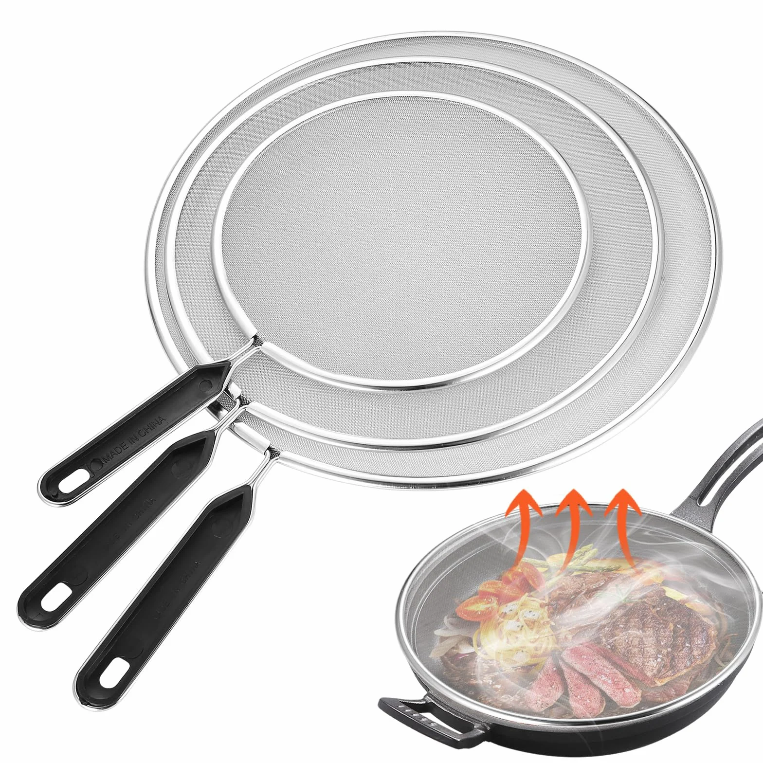 Tapa Antisalpicaduras Cocina Acero Inoxidable Malla Anti-Salpicaduras Mango 19/25/29cm 3 Piezas