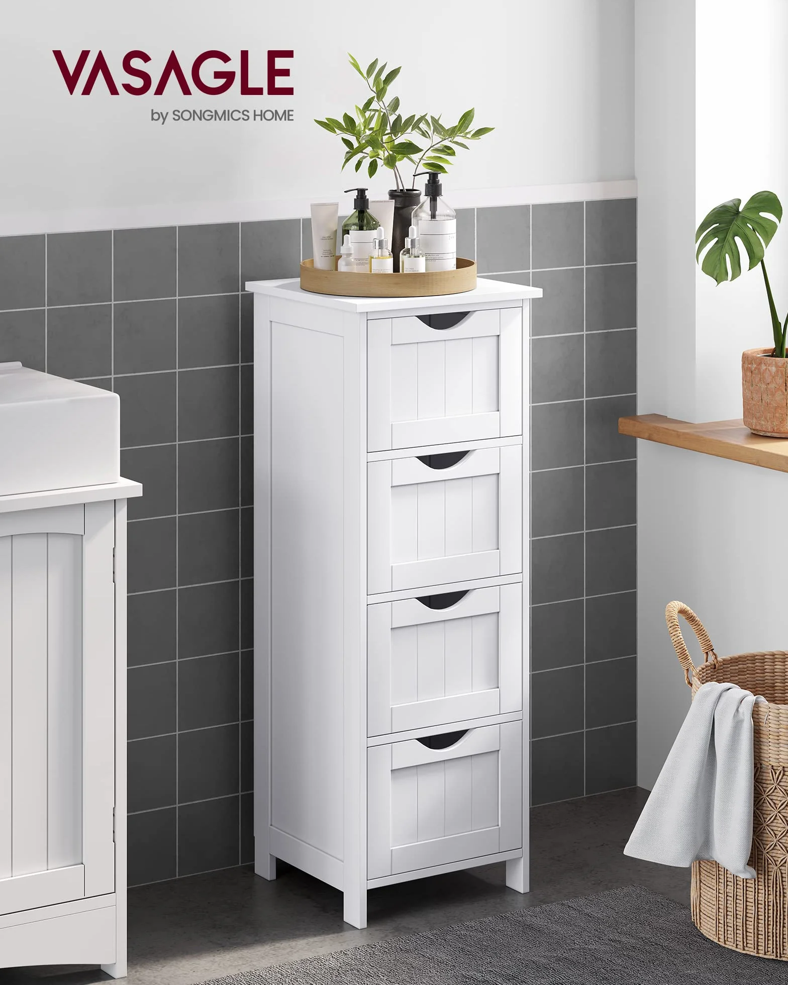 VASAGLE Armario de baño de pie con 4 cajones 30x30x82 cm Blanco LHC40W