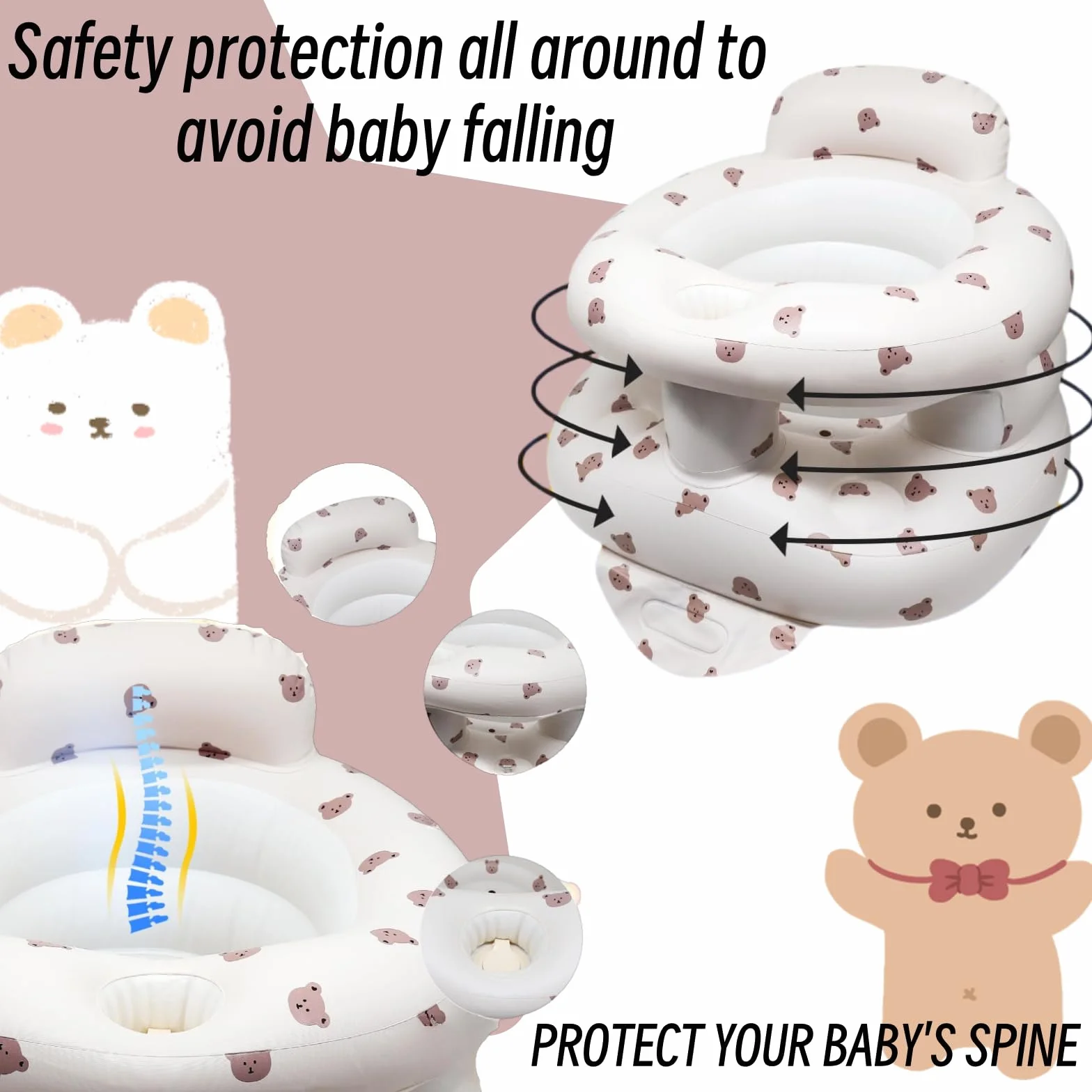 Asiento inflable para bebés 3-36 meses con bomba integrada, soporte de espalda