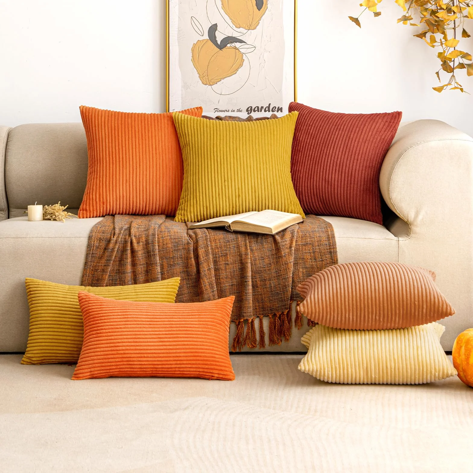 EMEMA Funda Cojines 45x45 cm Corduroy Rayas Decoración Moderna para Sofá 2 Piezas Amarillo Brillante