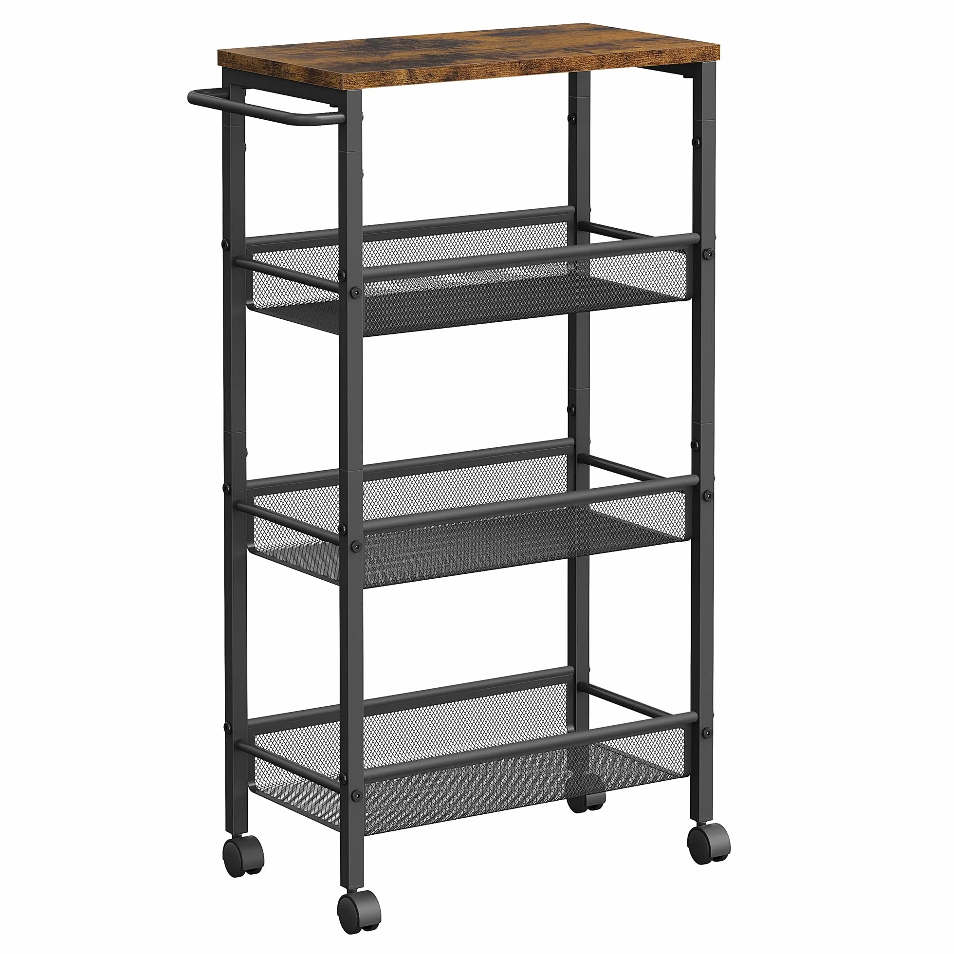 VASAGLE Carro de 4 Niveles, Carro Estrecho de Cocina con Ruedas, con Asa, para Espacio Reducido, 22 x 45,4 x 77 cm, para Cocina, Baño, Salón, Estudio, Marrón Rústico y Negro LRC033B01