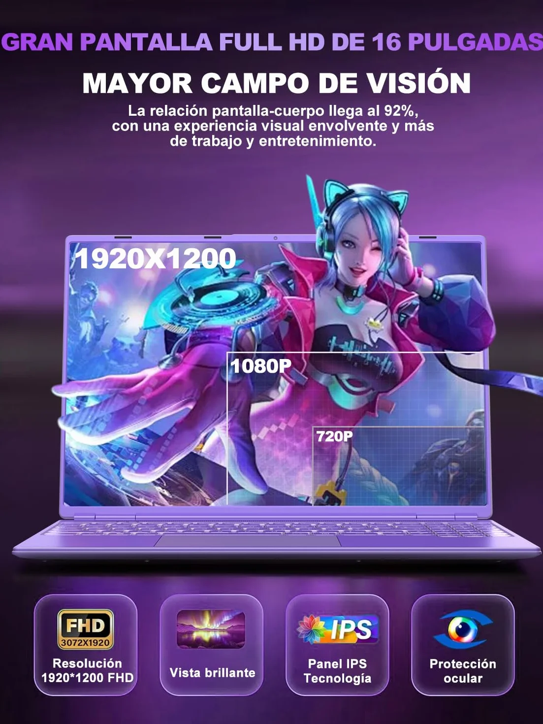 Ordenador Portátil 16 Pulgadas Celeron N5095 Up to 2.9Ghz, Portátil Win 11 con 5G WiFi 12+512GB SSD Expansión 1TB, BT 4.2 Mini Puerto Multimedia Portatiles Ventilador Refrigeración 1920*1200-Morado