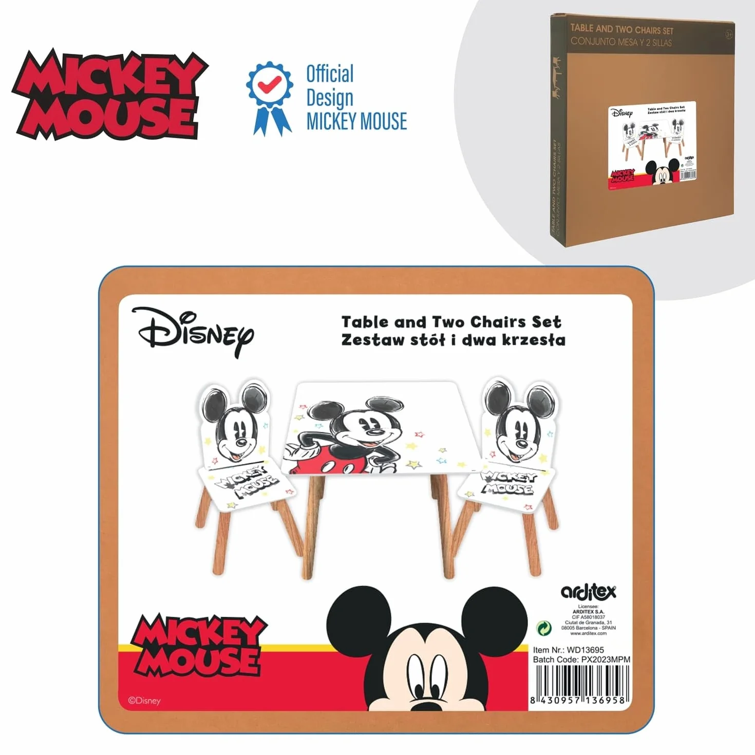 ARDITEX Set de Mesa y 2 Sillas Infantiles de Madera Mickey Mouse 50x50x44 cm