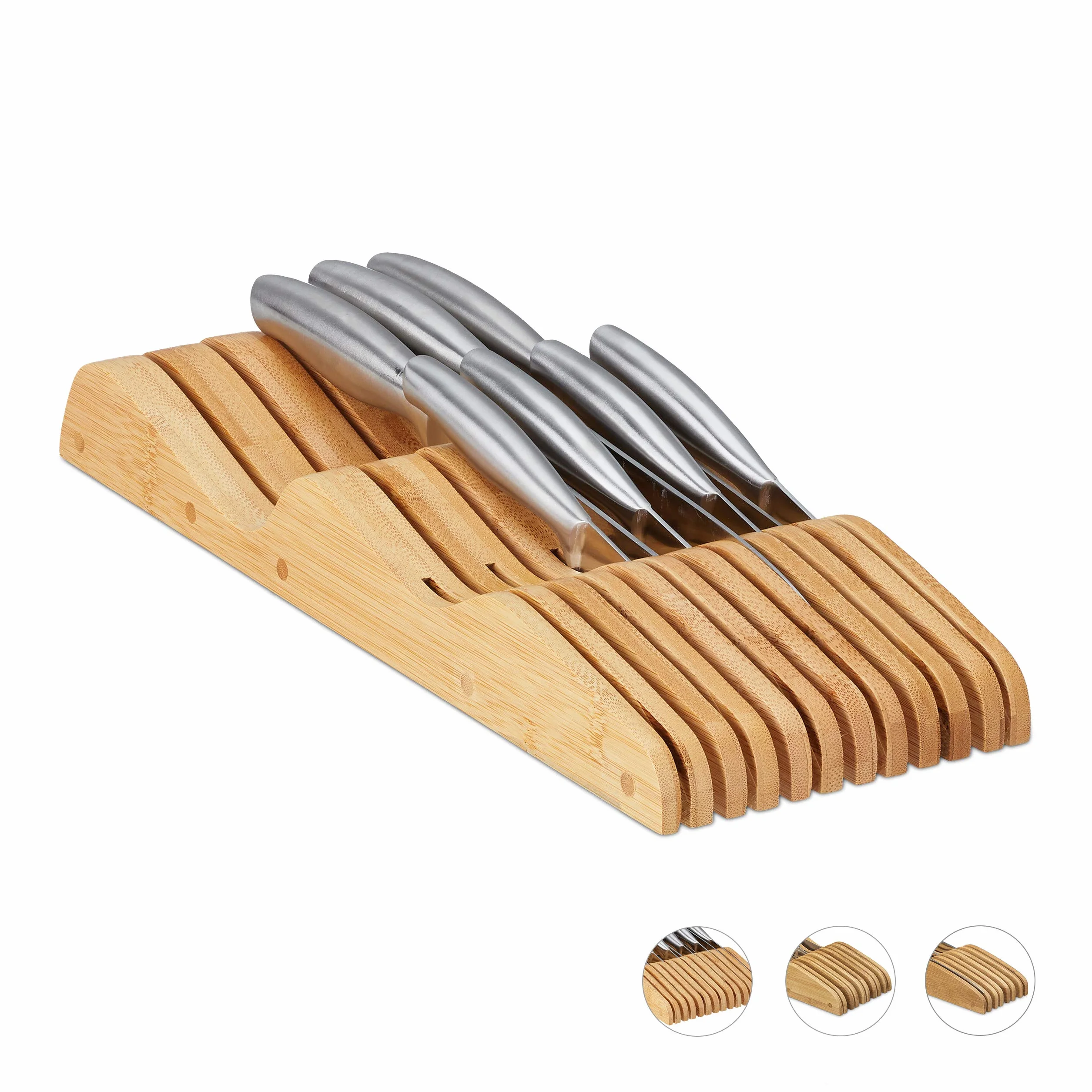 Relaxdays Organizador de 11 Cuchillos para Cajones, Bloque Bambú Natural 40cm, Marrón