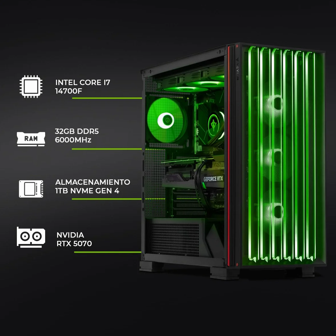 YEYIAN PC Gamer Mirage X | Intel Core i7-14700F 20 Cores up to 5.4 GHz | NVIDIA GeForce RTX 5070 12GB GDDR7 | 32GB DDR5 6000MHz | SSD 1TB NVMe Gen4 | Win 11 Pro