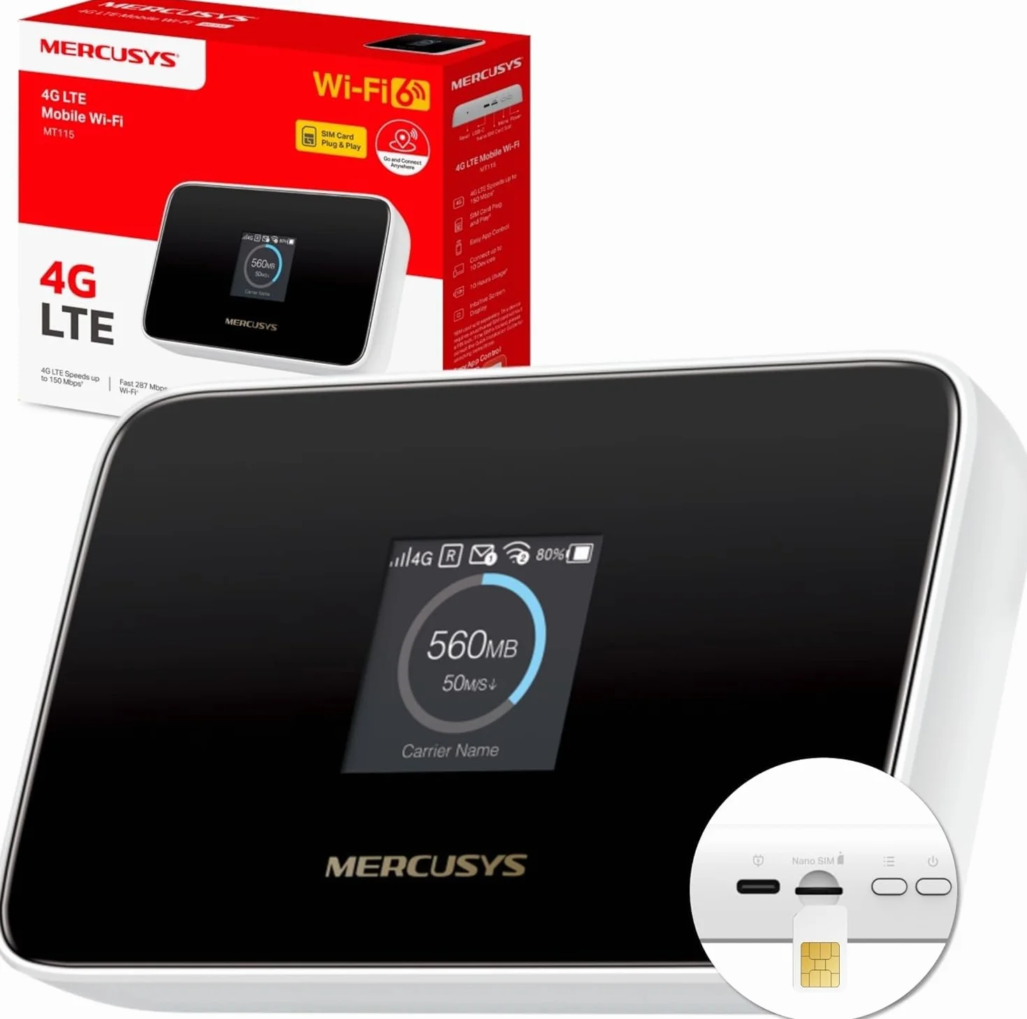 Mercusys MT115 Router WiFi portátil para Viajes con Tarjeta SIM sin Contrato, 4G LTE 150 Mbps, Wi-Fi 6 AX300, hasta 10 Dispositivos, batería de 2400 mAh, hasta 10 Horas de autonomía