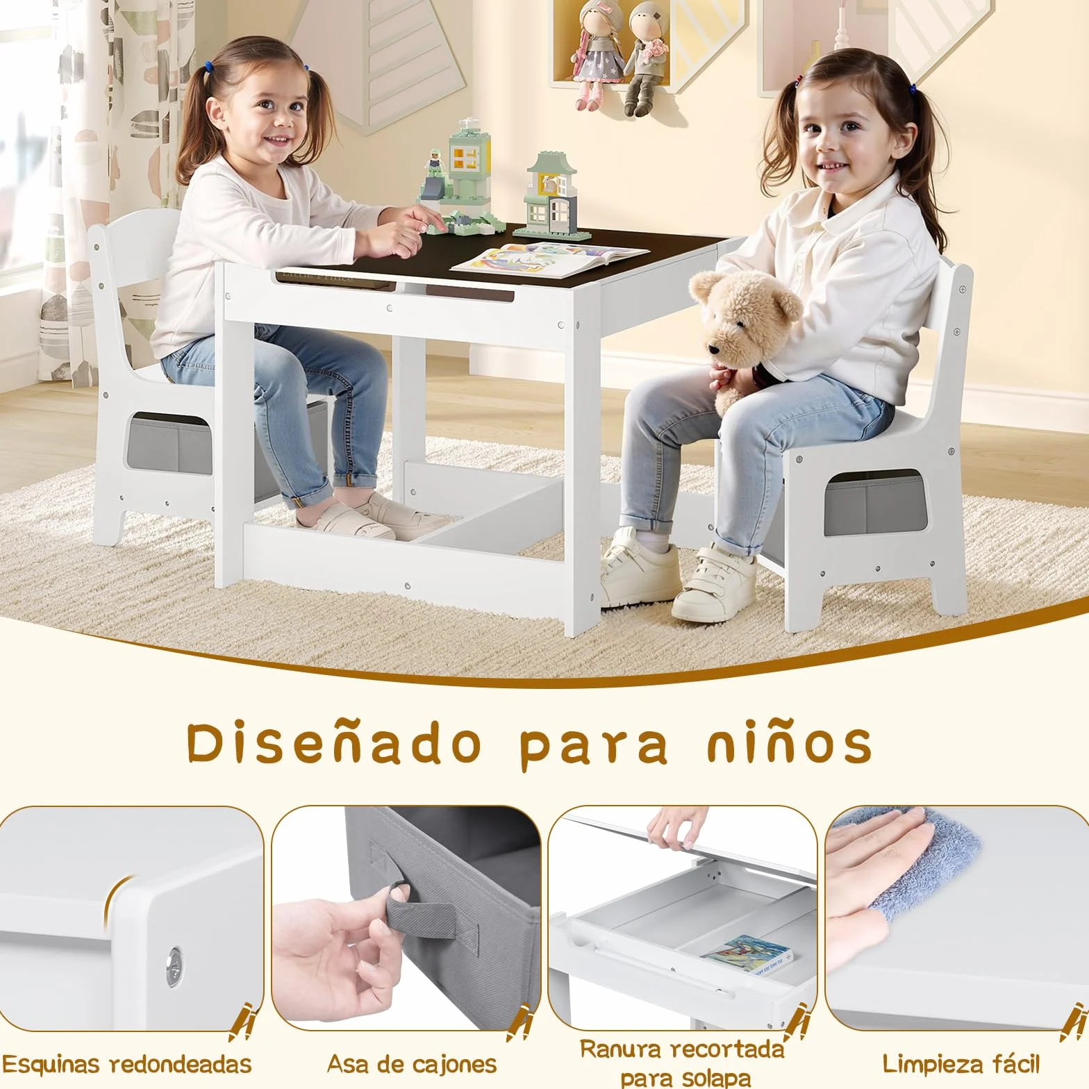 Juego de Mesa y 2 Sillas para Niños de Madera con Almacenamiento, Escritorio Reversible Blanco con Pizarra y Rodillo de Papel