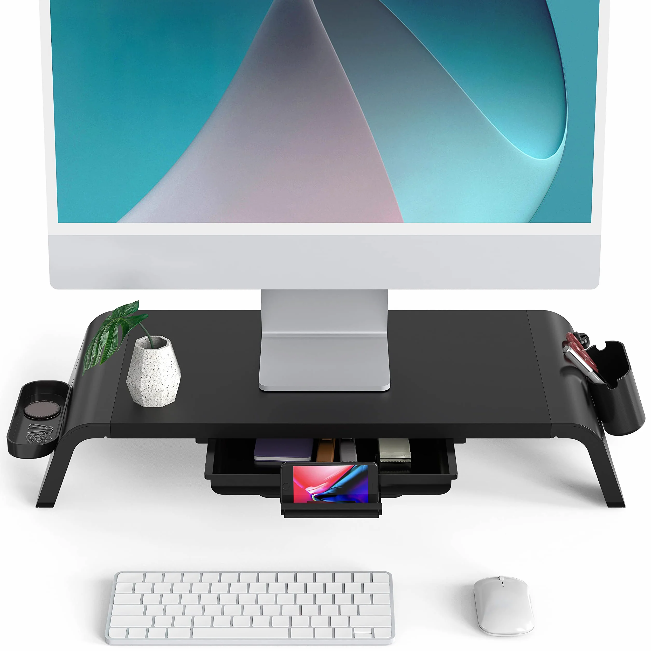 Fenge Soporte Monitor Elevador Monitor de Madera con Cajón y Soporte de Teléfono,Cajas de Almacenamiento Móviles L52xW23,5xH8,9cm Negro G04A1522B