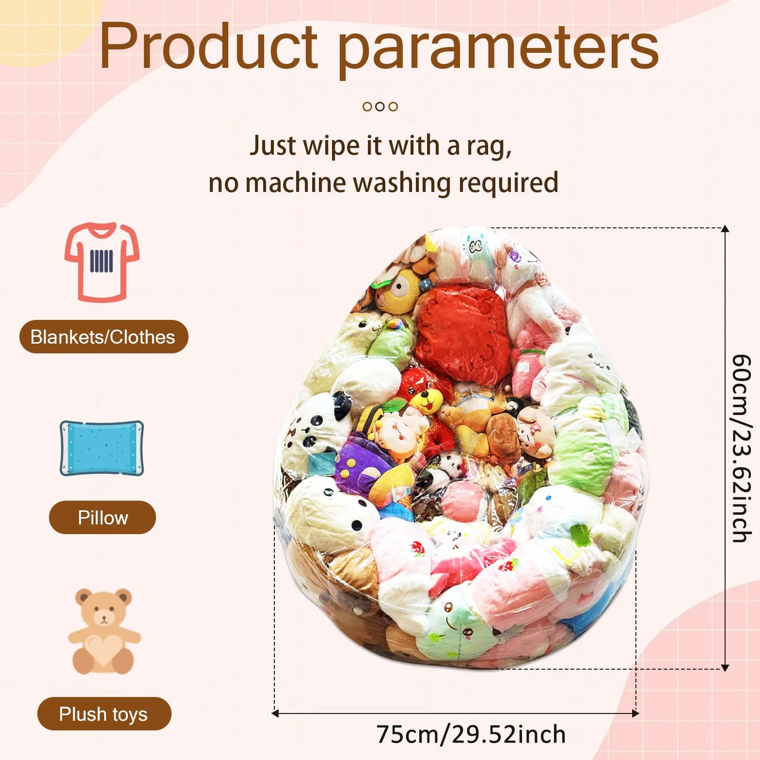 Funda de almacenamiento de juguetes de peluche 150 L transparente para silla de judías