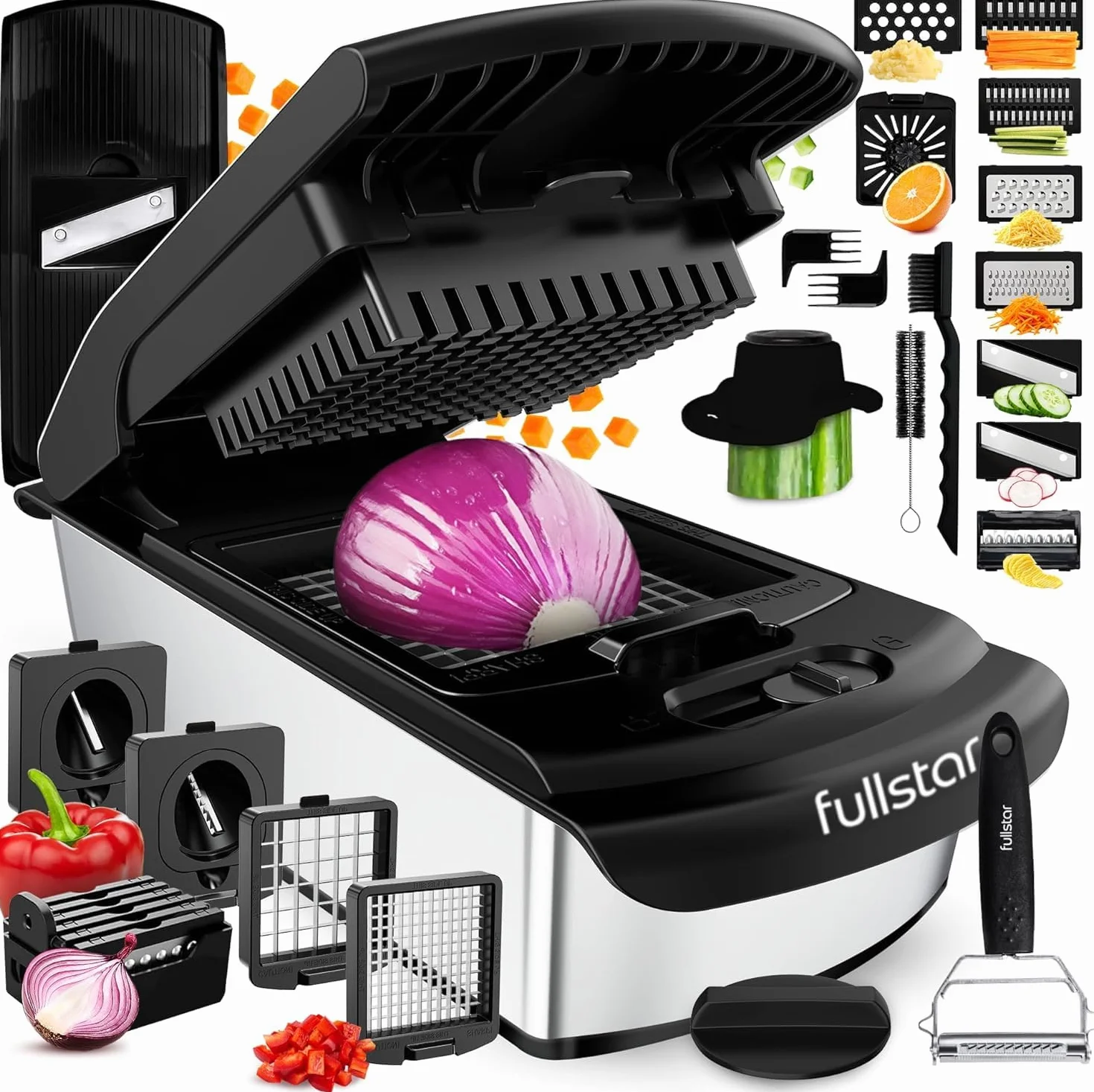 Fullstar Multifuncional Cortador de Verdura Profesional 14-en-1 - Mandolina Rallador Picadora Manual - Utensilios de Cocina Inox Negro
