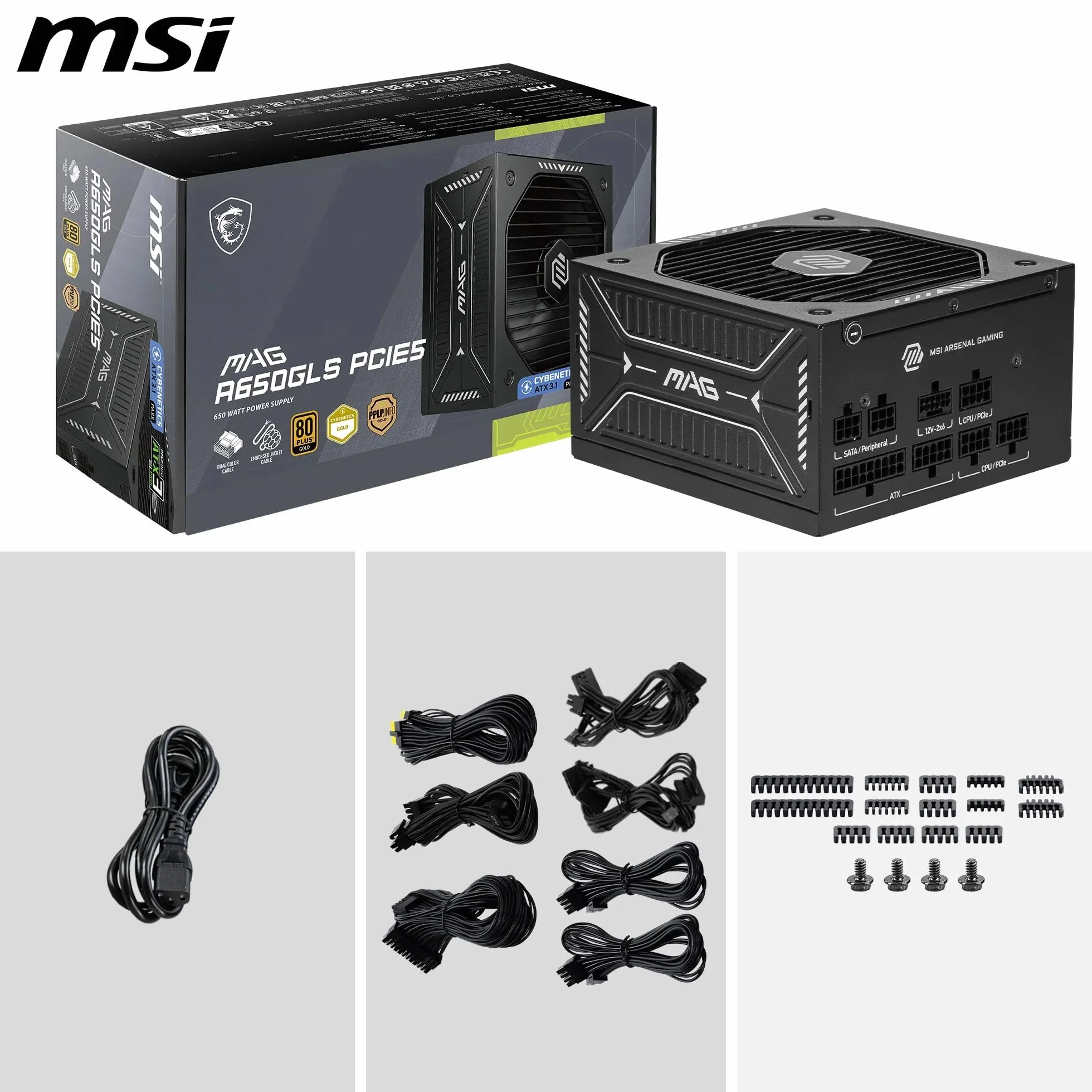 MSI mag A650GLS PCIE5, Fuente de alimentación, 650W, 80 Plus Gold, ATX 3.1, Soporte GPU PCIe 5.1, 12V-2x6 Nativo, Conector 12V-2x6 Bicolor, Fuente de alimentación ATX, Cables con Cubierta en Relieve