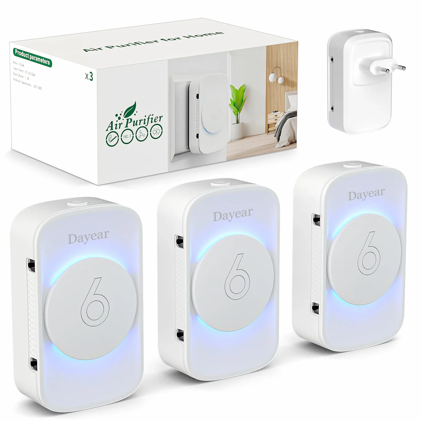 Purificador de Aire, Dayear Plug in Purificador de Aire de Iones Negativos,3 modos de luz Led, Mini Air Purifier para Dormitorio/Casa/Sala de Estar/Sala de Mascotas/3Pcs