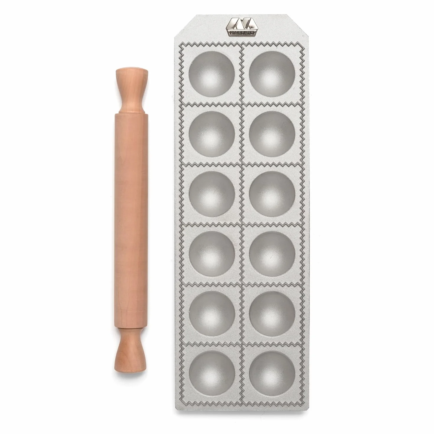 Marcato Máquina para Raviolis, Molde Raviolis Caseros, Corte 50 mm, Rodillo Madera