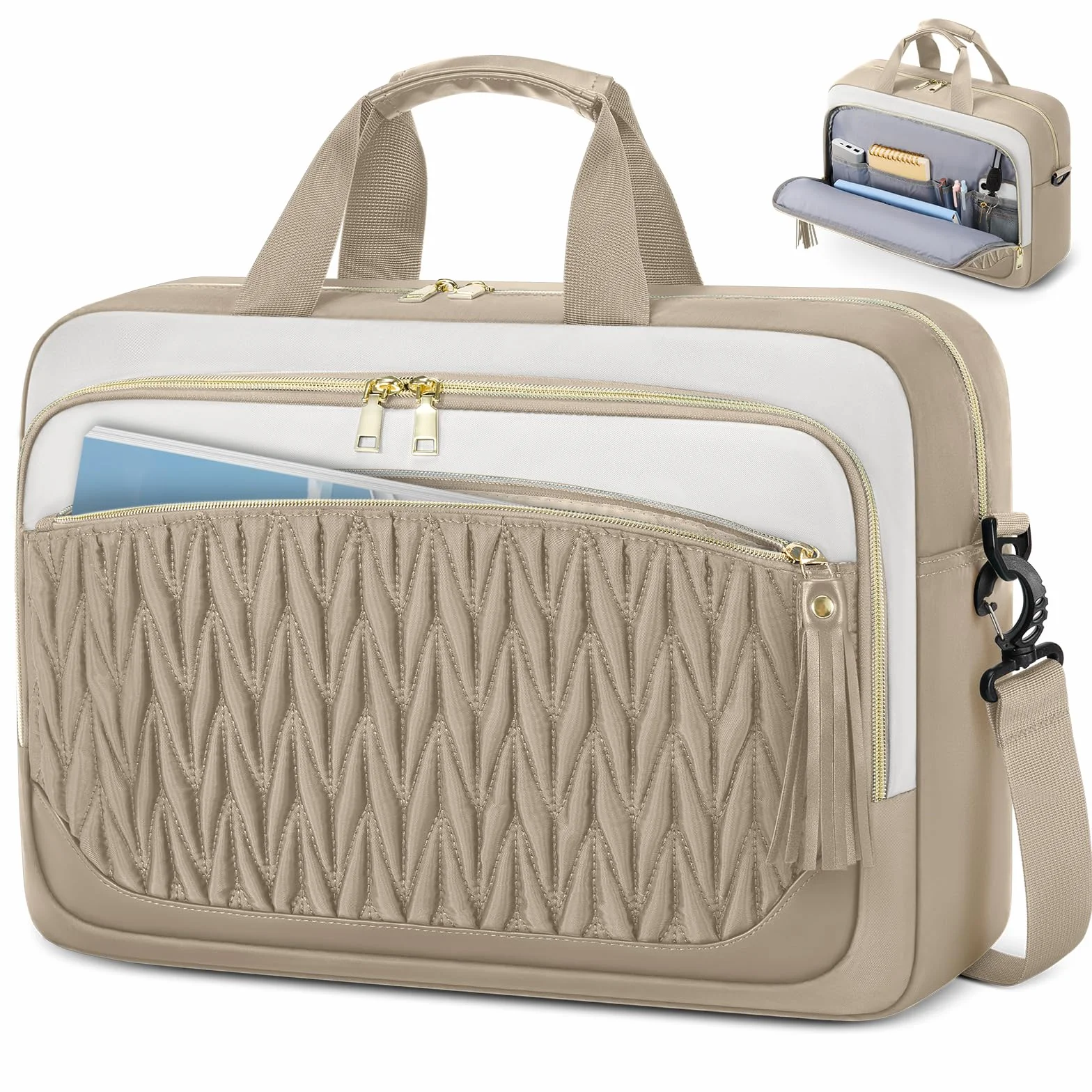 RAINSMORE Bolso Portatil Mujer 17,3 Pulgadas Maletín Portátil Impermeable Bolso Trabajo Portadocumentos Grande Bolso Ordenador para Oficina Universidad Caqui