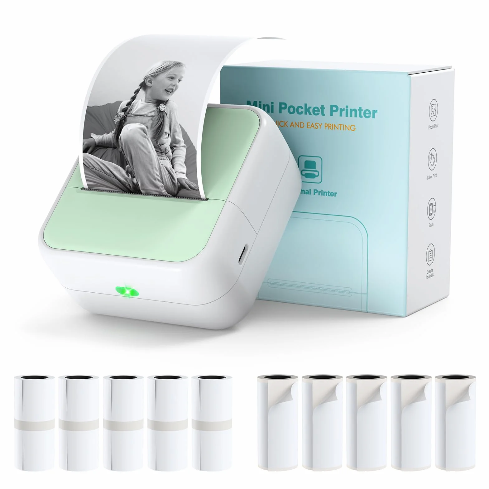Bisofice Mini Impresora para Movil, Mini Impresora Termica Fotográfica para Smartphone, Bluetooth Impresora Portátil Mini con 11 Rollos de Pape, para Fotos, Diario, Notas, Lista