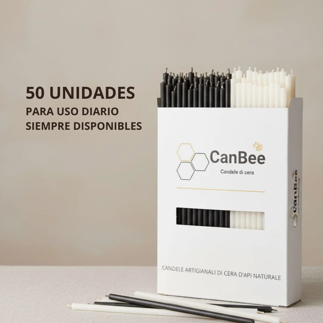 CanBee Velas Finas Cera de Abeja 100% Natural 16 cm x 5 mm Negras y Blancas Combustión Limpia 40 Min