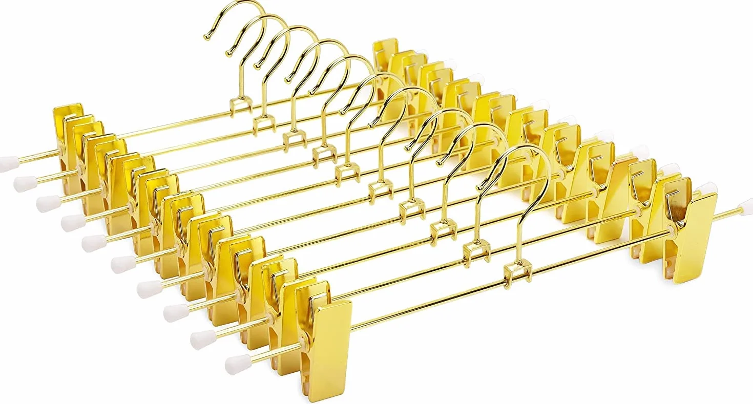 Amber Home 20 Unidades 30cm Perchas de Hierro Dorados, Dorada Metálico Percha para Pantalones Shorts Faldas Calcetines y Ropa Interior, con Clips Antideslizantes