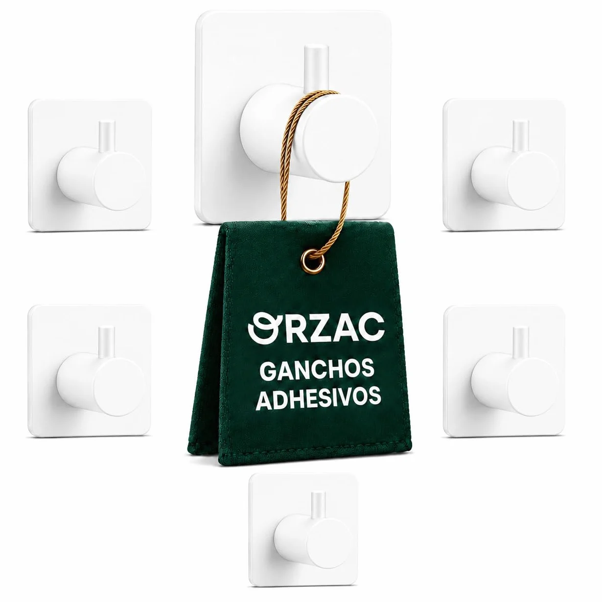 Ganchos Adhesivos para Pared Sin Taladro, Pack 6, Resistentes para Baño y Cocina, Blanco