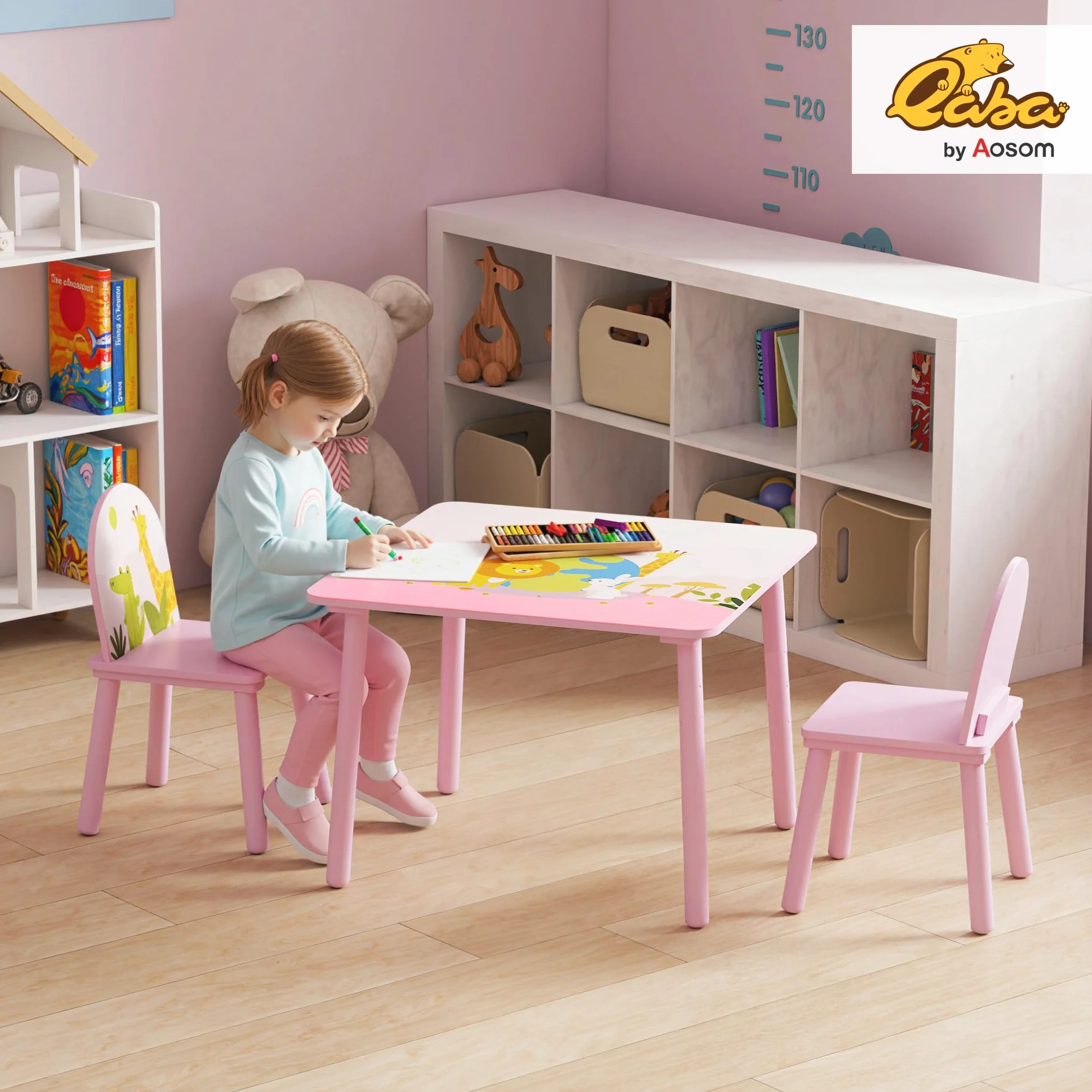 AIYAPLAY Mesa Infantil con 2 Sillas, Estampados de Animales, para Niños 3-8 Años, Hogar, Guardería, Rosa