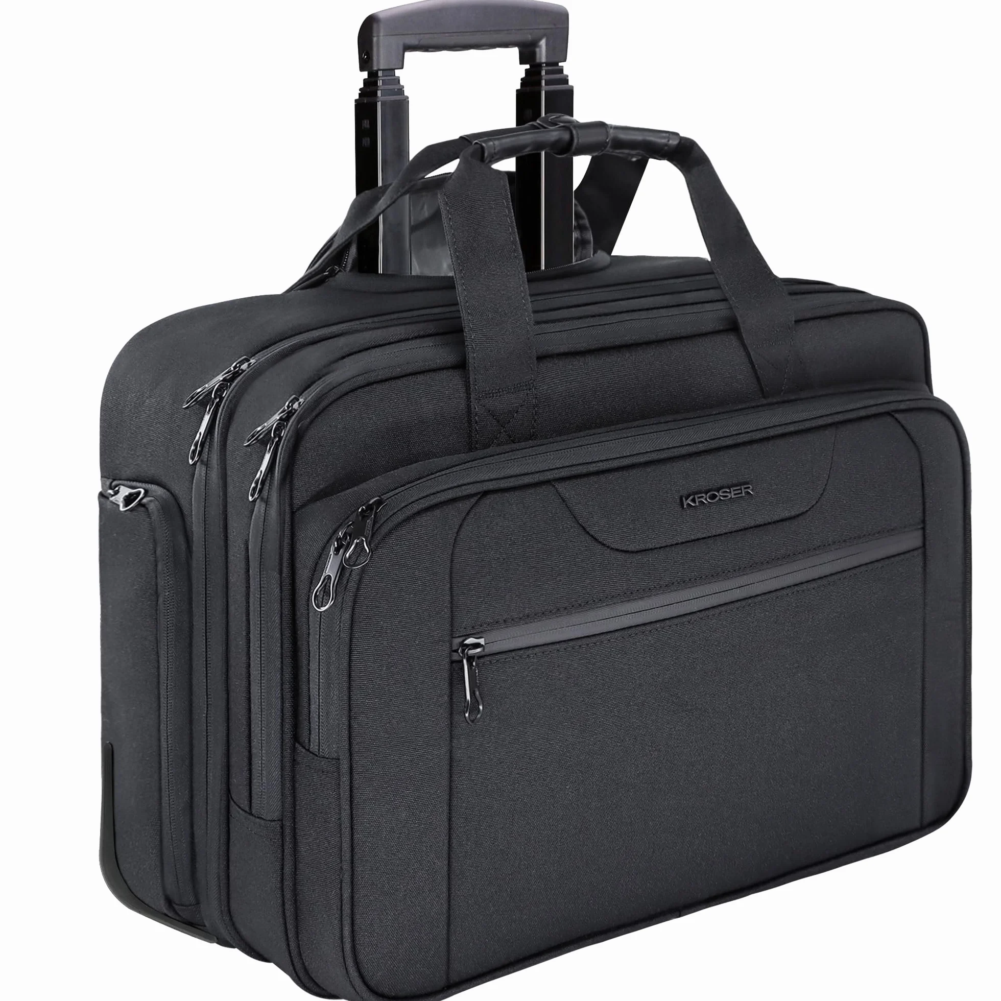 KROSER Maletín para Portátil con Ruedas Bolsa Premium Impermeable para Computadora hasta 17.3´´ Bolsa Hidrófugo Durante la Noche con Bolsillos RFID para Hombres/Mujeres-Negro