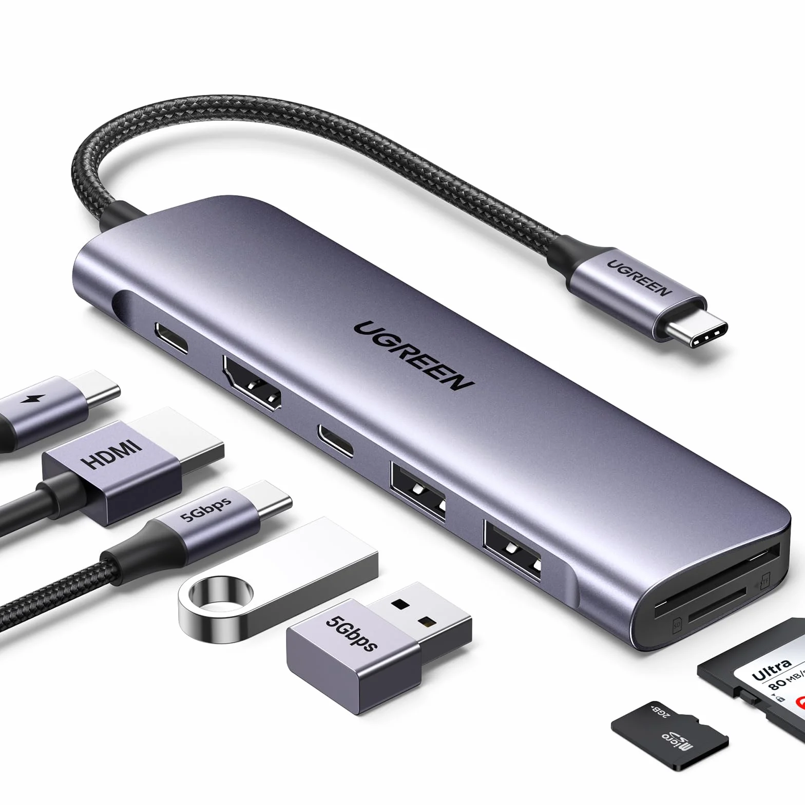 UGREEN Revodok 1071 Hub USB C HDMI 4K Adaptador Tipo C Lector Tarjeta SD TF PD 100W Carga Compatible con MacBook Neo iPad Pro Air iPhone 17 Pro MAX Air Galaxy S26 Ultra