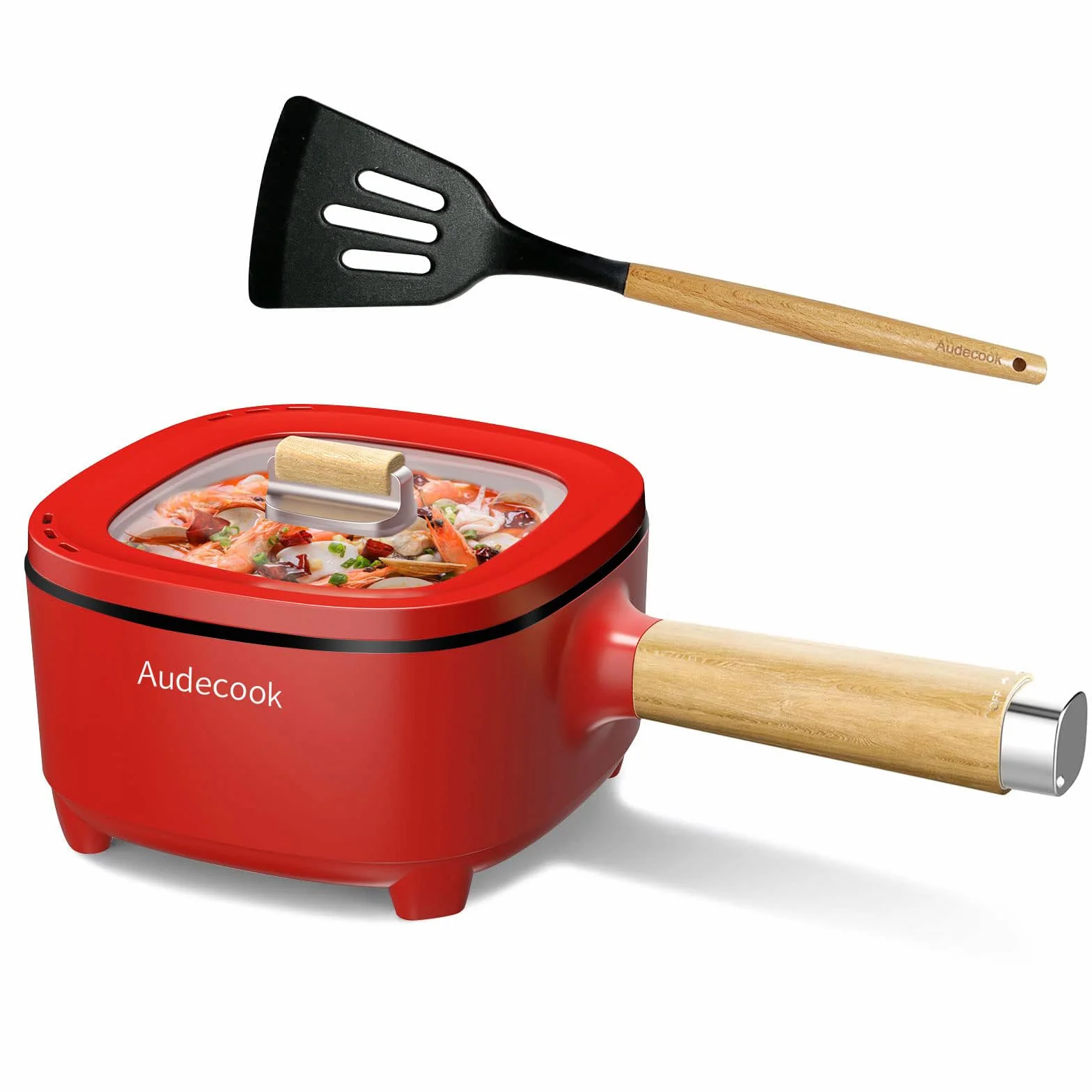 Audecook Olla Eléctrica 2L, Sartén De Cerámica Antiadherente Mejorada De 24 Cm, Sartén Eléctrica Multifunción Para Bistec, Huevo, Ramen, Avena, Sopa (Rojo, Sin vaporera)