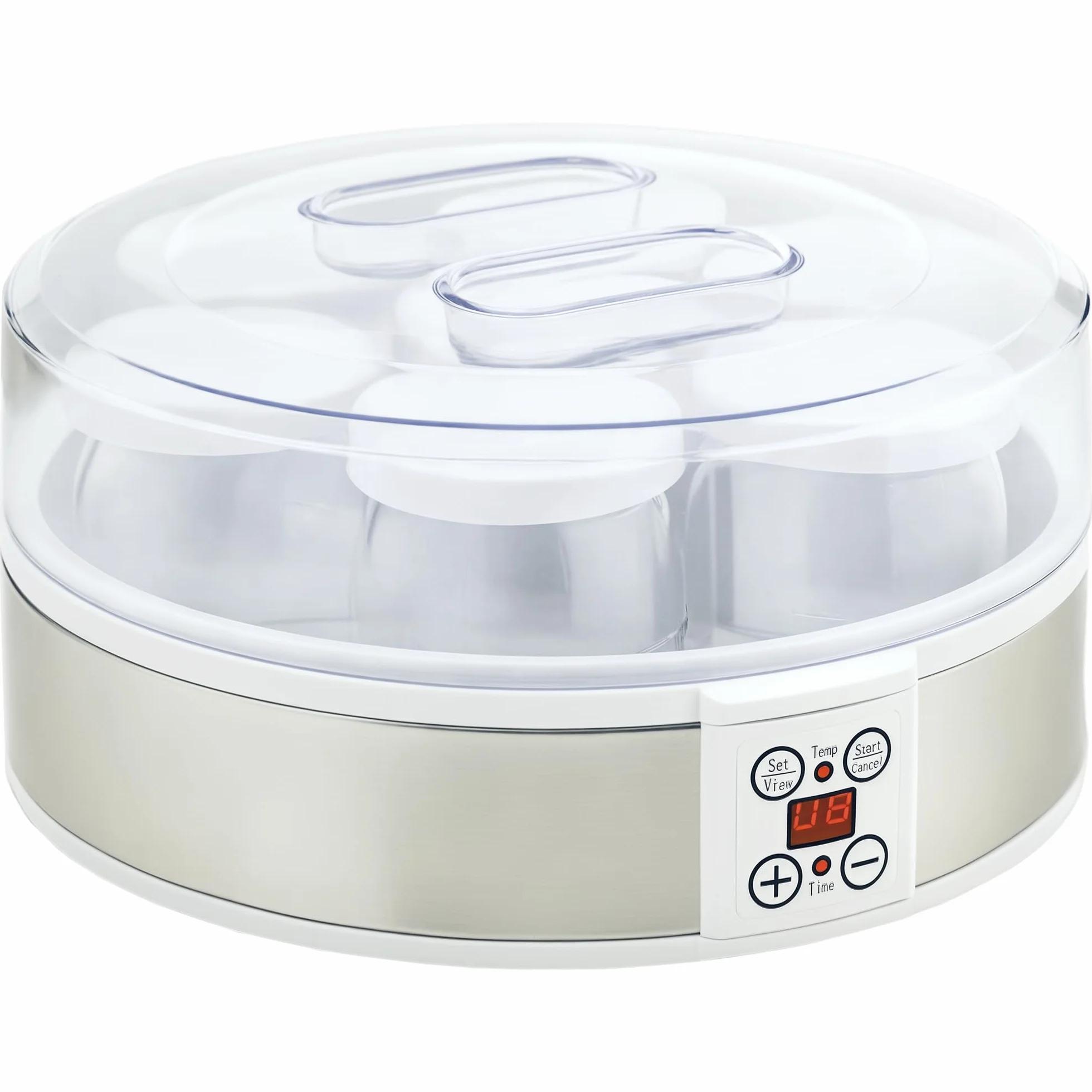 HOMCOM Máquina de Yogur 1,26L 20W 7 Tarros de Cristal 180ml Termostato Ajustable Temporizador Pantalla LED 24x24x13 cm Blanco