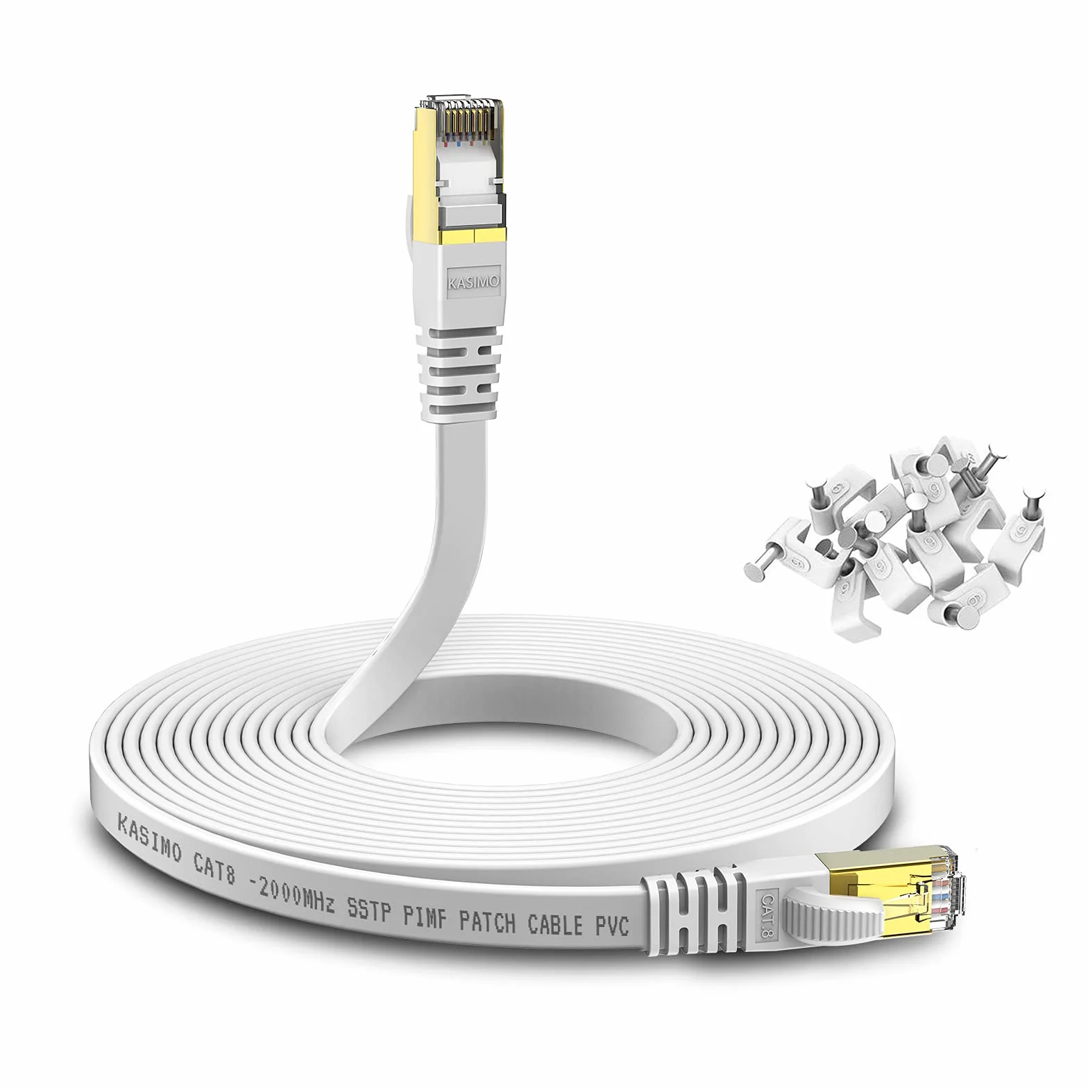 KASIMO Cable Ethernet 50 metros de Red Cat 8, Cable Internet Plano 40 Gbps / 2000 MHz, SFTP Cable LAN Con Conector RJ45 Enchapado en Oro – Blanco