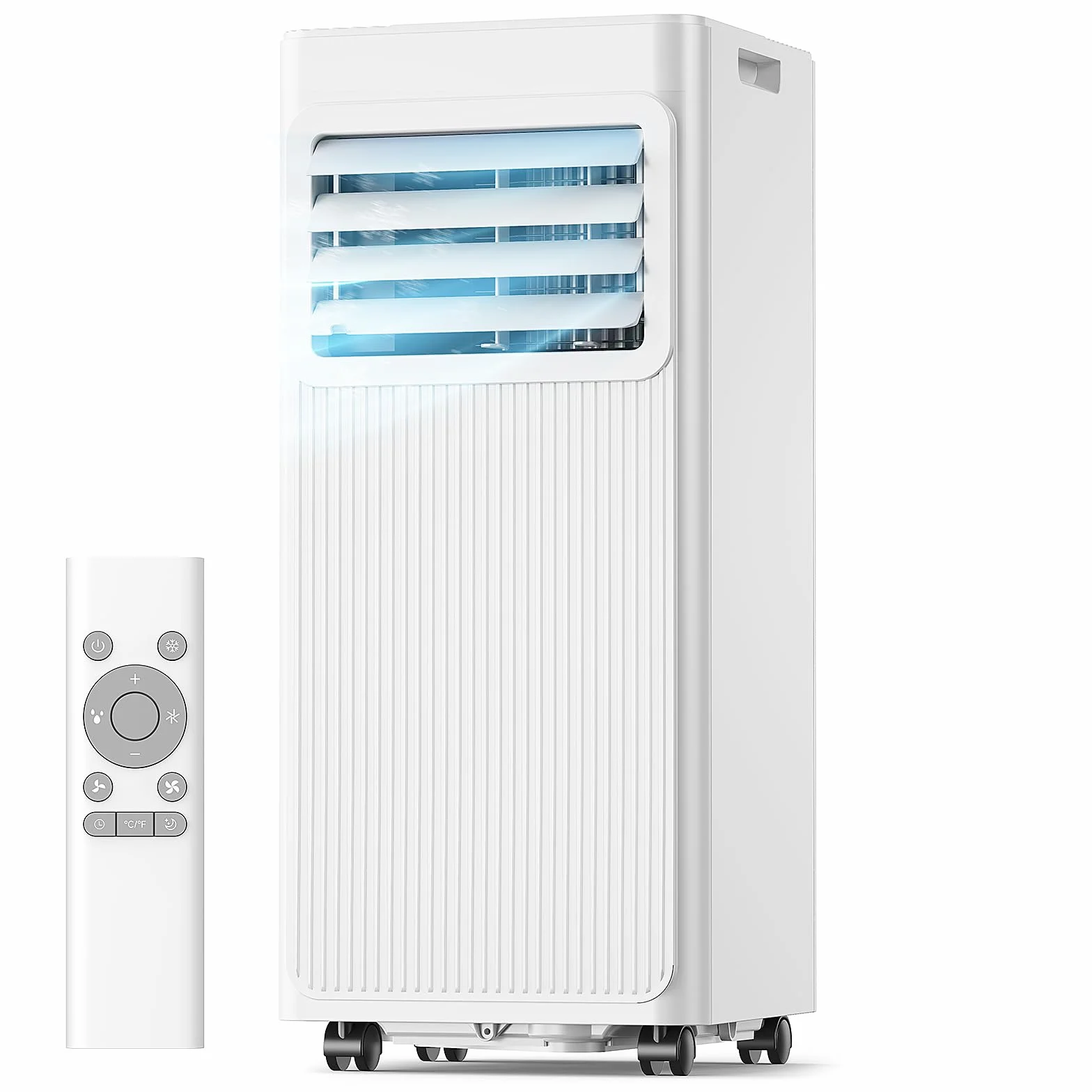Aire Acondicionado Portátil 7000 BTU, Climatizador 4 en 1 (Frío, Ventilador, Deshumidificador 19L/D, Noche), Bajo Consumo, Silencioso, Temporizador 24H, Mando, Kit de Ventana Incluido, Blanco