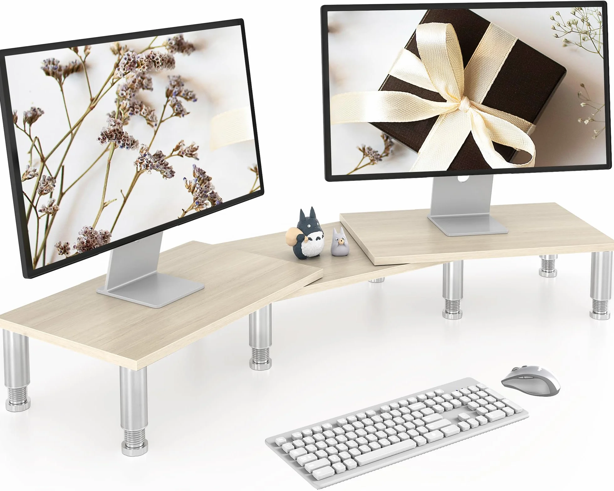 AX Waber Elevador de monitor doble, longitud y ángulo ajustables, soporte de madera para 2 monitores con almacenamiento