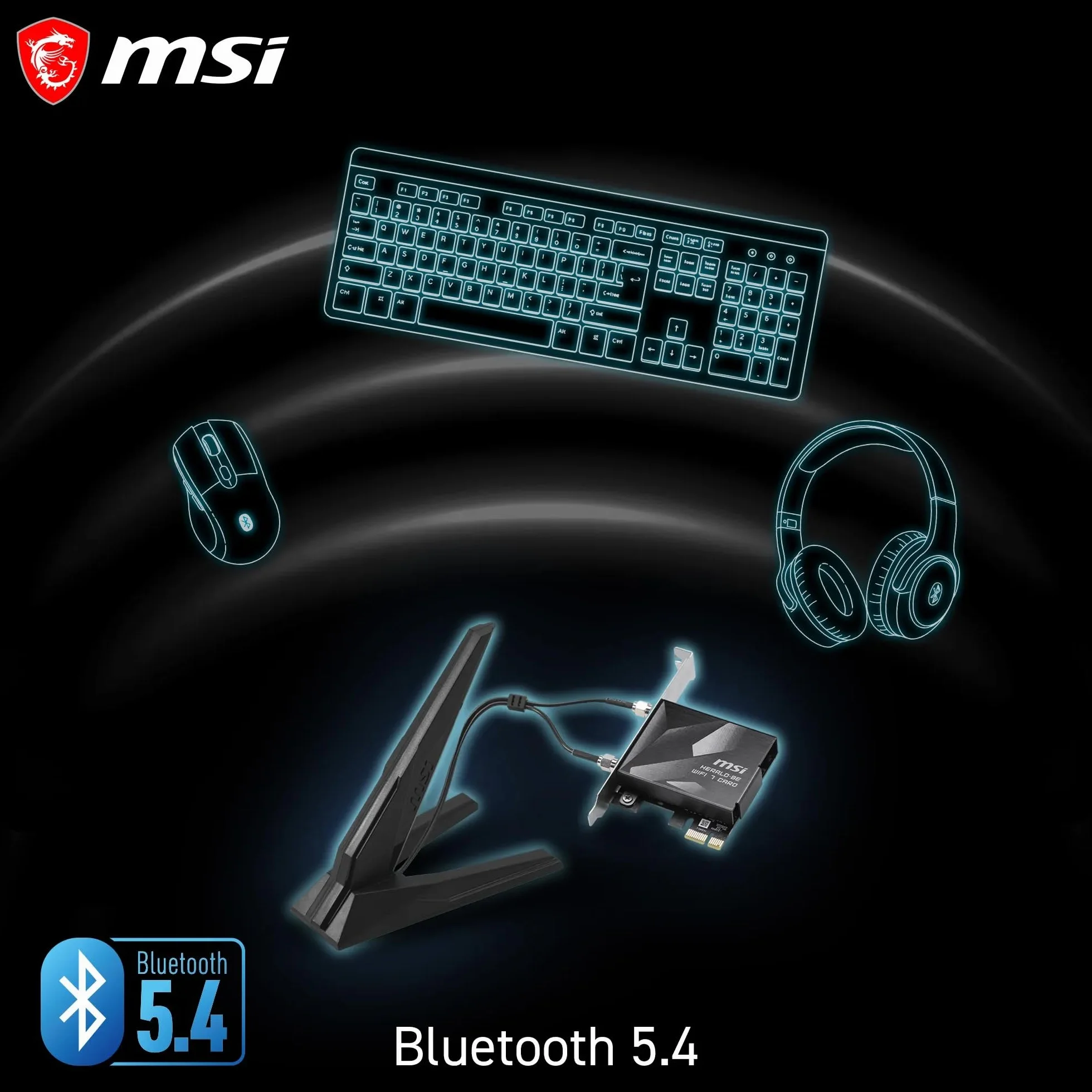 MSI Herald BE9400 - Tarjeta PCIe WiFi 7 tribanda, para Ordenador de sobremesa, Bluetooth 5.4, 6 GHz, MLO, 320 MHz, 5.8 GB/s