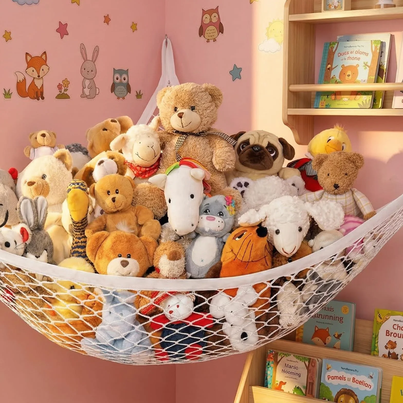 Hamaca grande para colgar peluches, almacenamiento retráctil de juguetes, organizador infantil, blanco